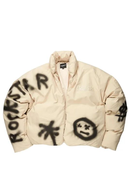 Veda Beige Graphic Puffer Jacket sold by Rockstar Original