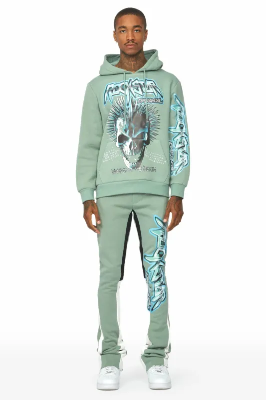 Obern Sage/White Graphic Hoodie/Stacked Flare Pant Track Set sold by Rockstar Original