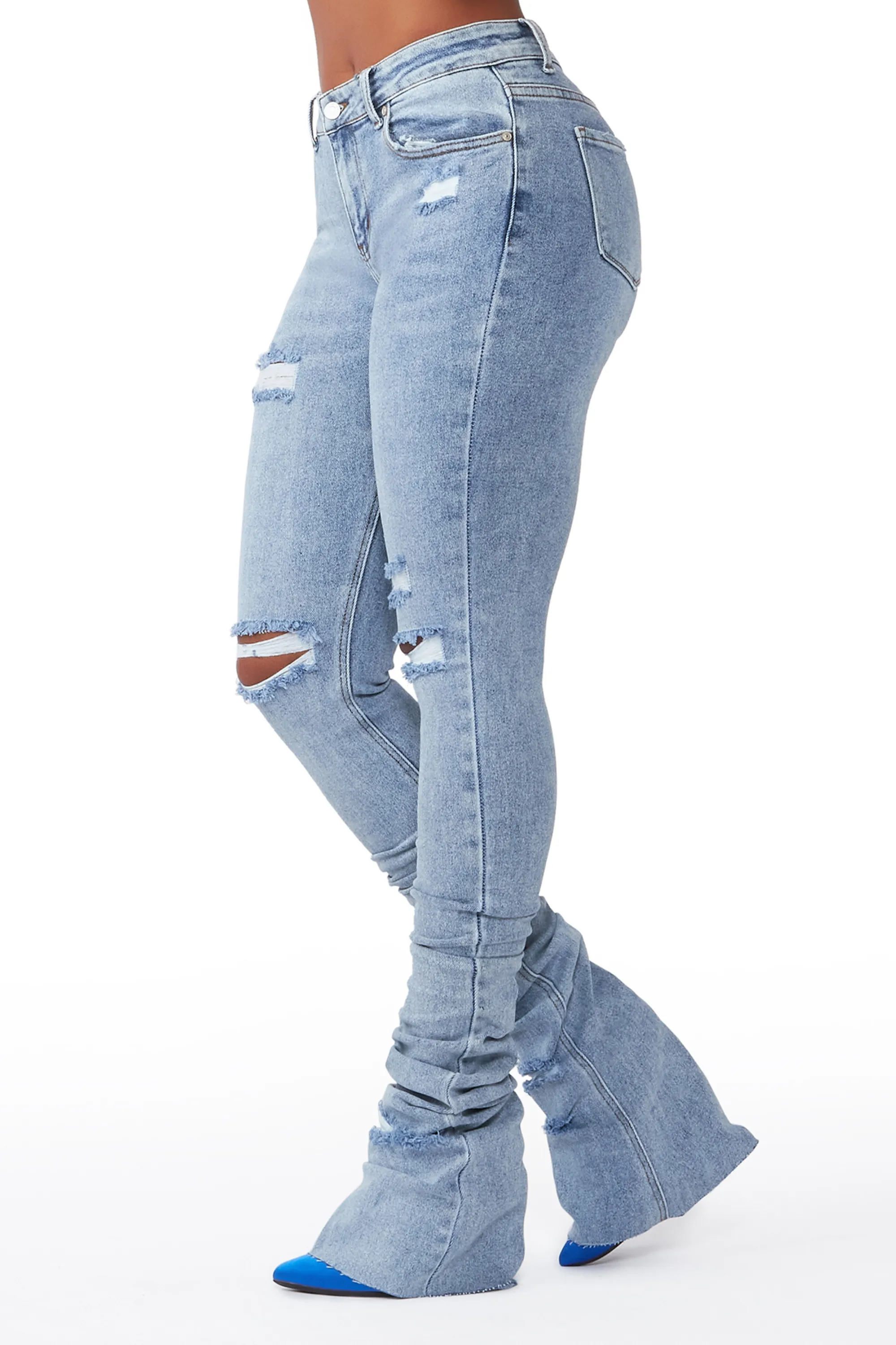 Playing Games Light Wash Distressed Super Stacked Jean sold by Rockstar Original