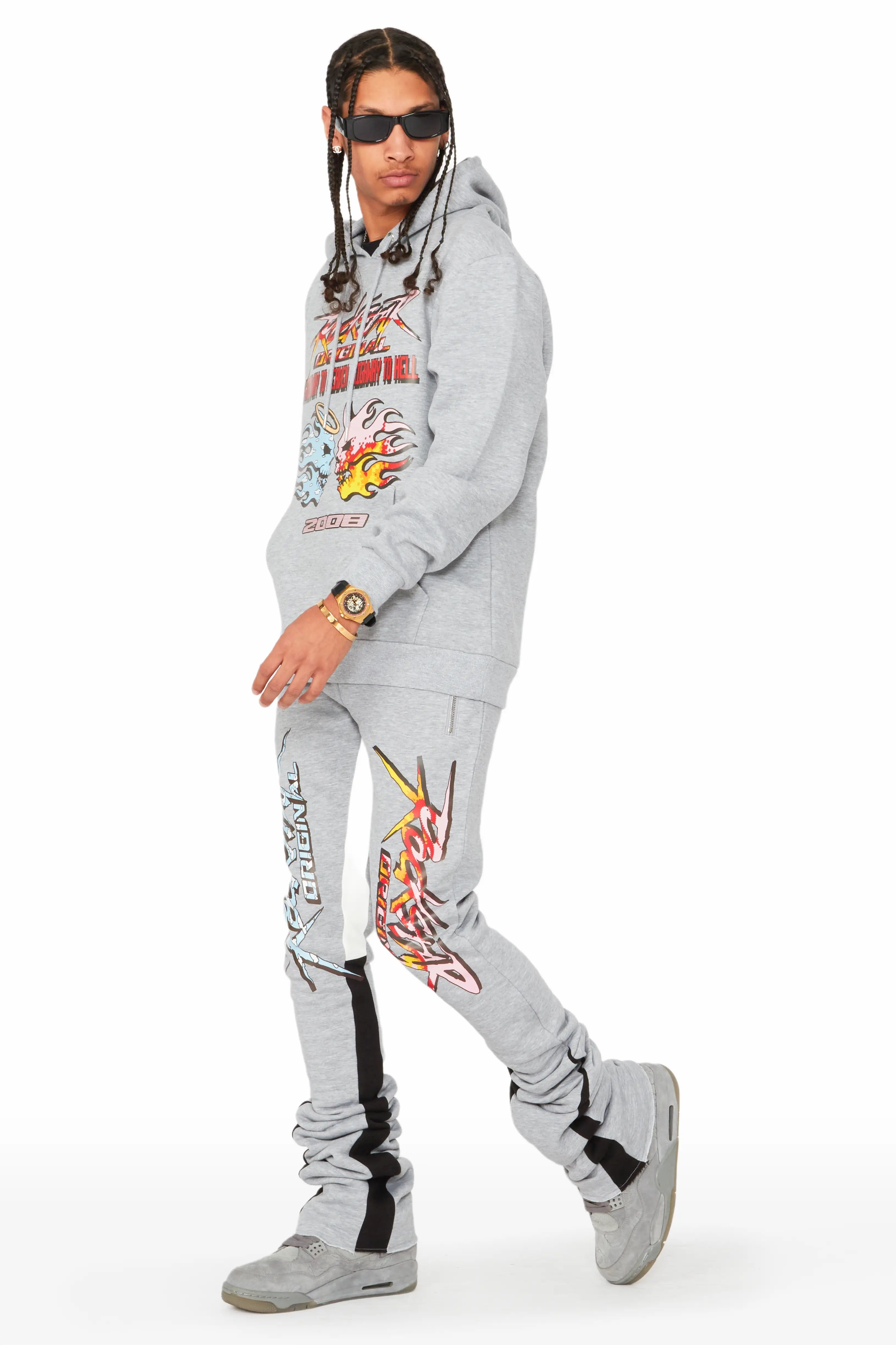 Sky Heather Grey Graphic Hoodie/ Super Stacked Pants Track Set sold by Rockstar Original product image thumbnail 4