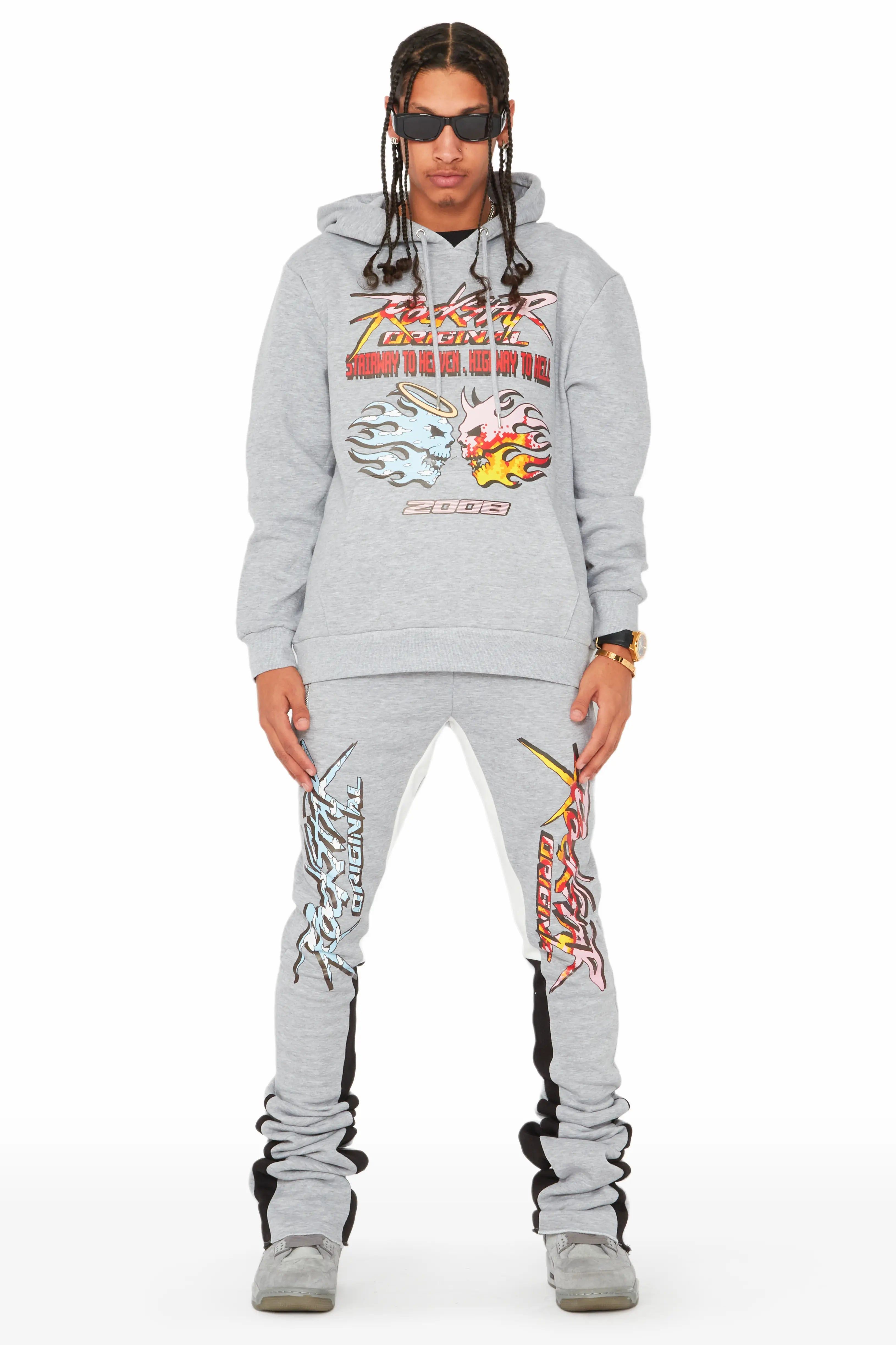 Sky Heather Grey Graphic Hoodie/ Super Stacked Pants Track Set sold by Rockstar Original