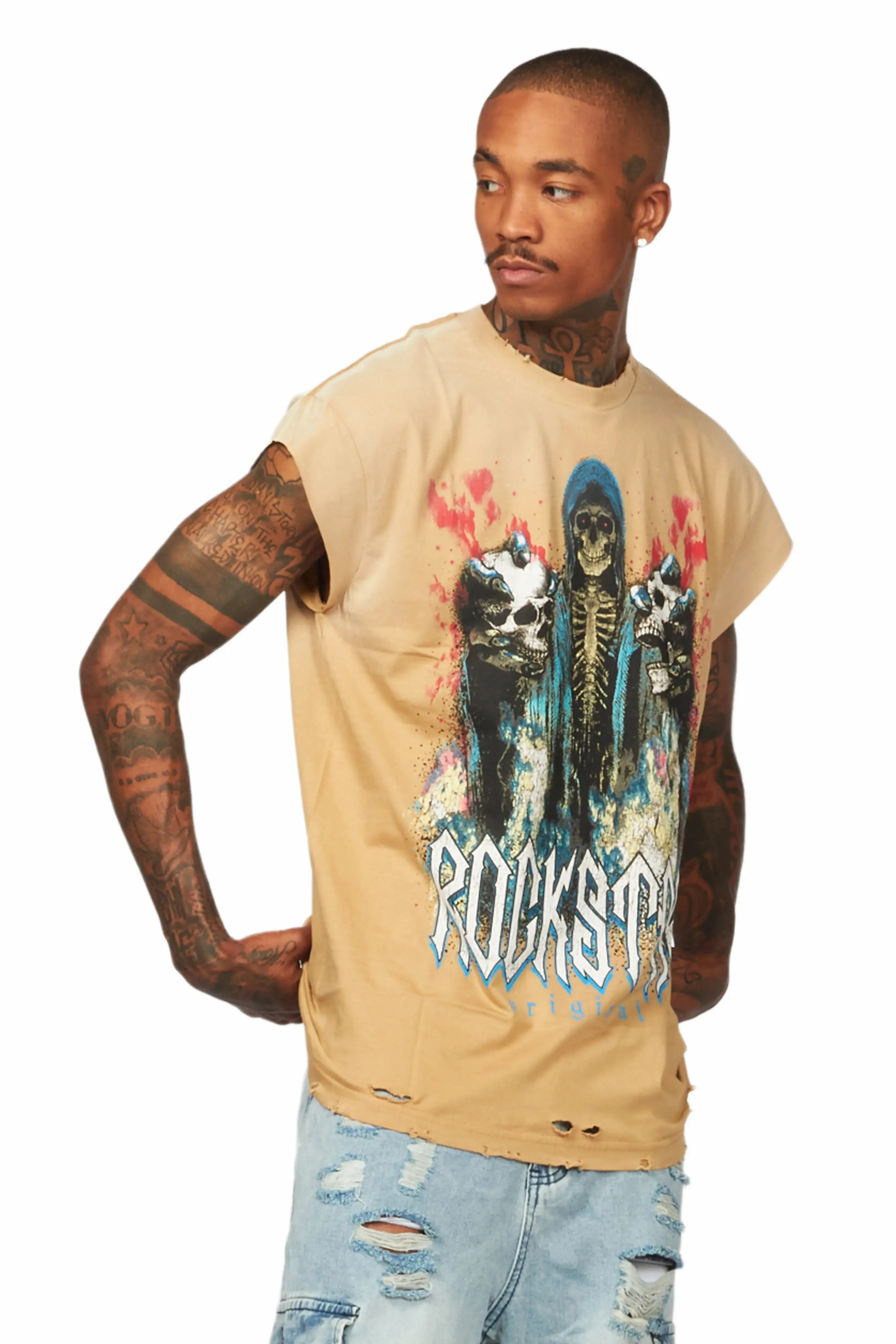 Bama Beige Graphic Oversize Sleeveless Graphic T-Shirt sold by Rockstar Original product image thumbnail 3