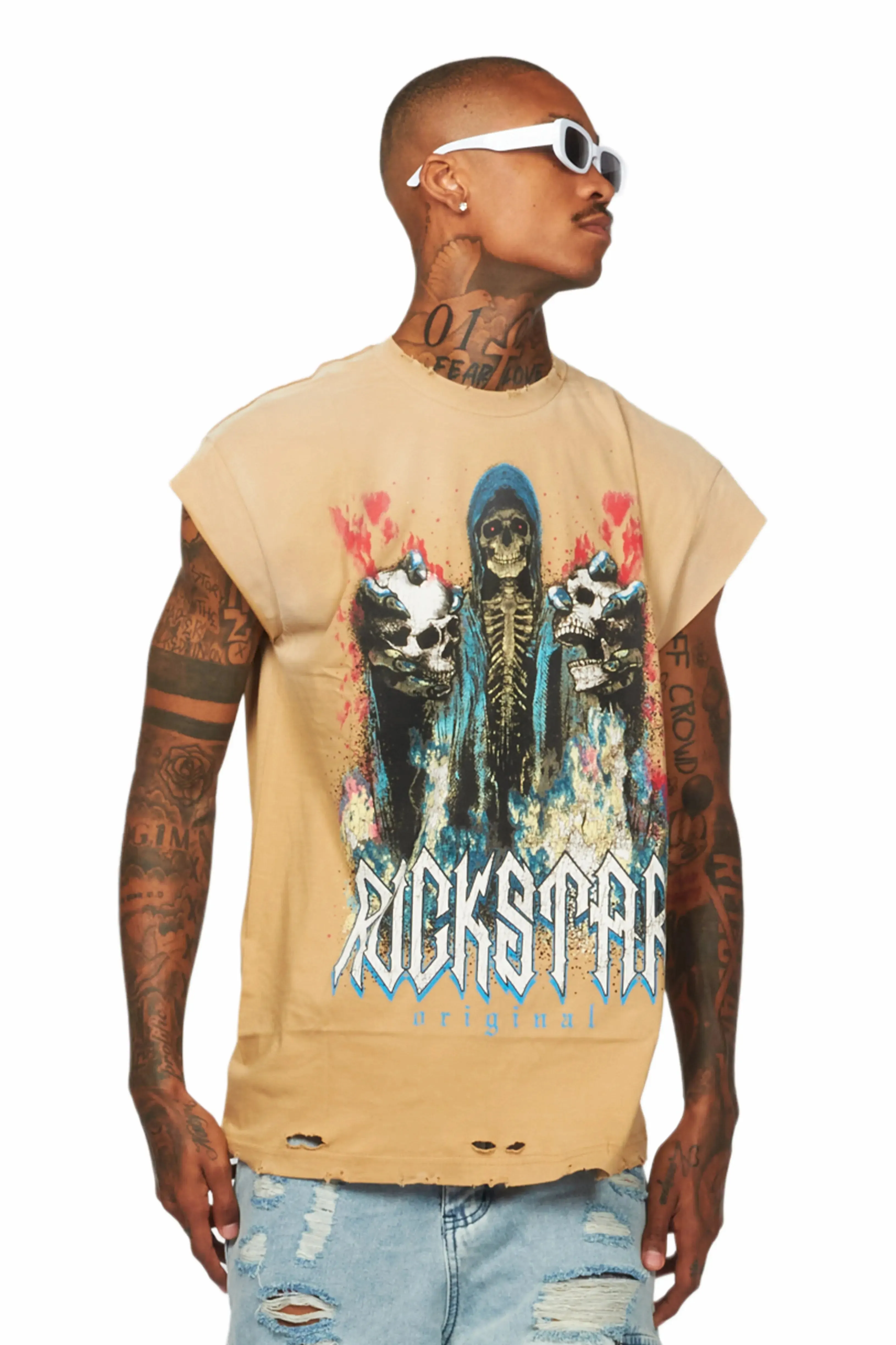 Bama Beige Graphic Oversize Sleeveless Graphic T-Shirt sold by Rockstar Original product image thumbnail 5