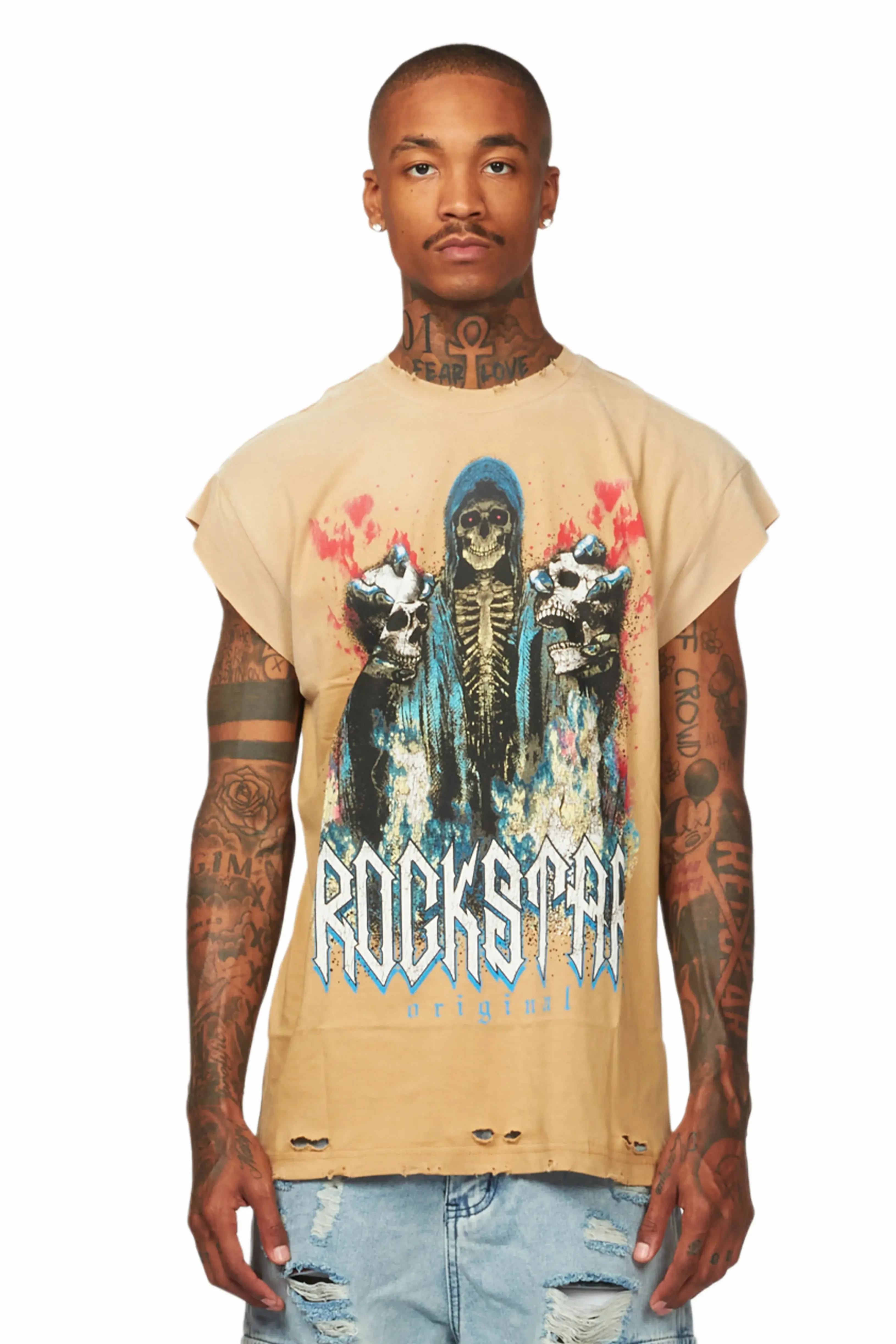 Bama Beige Graphic Oversize Sleeveless Graphic T-Shirt sold by Rockstar Original