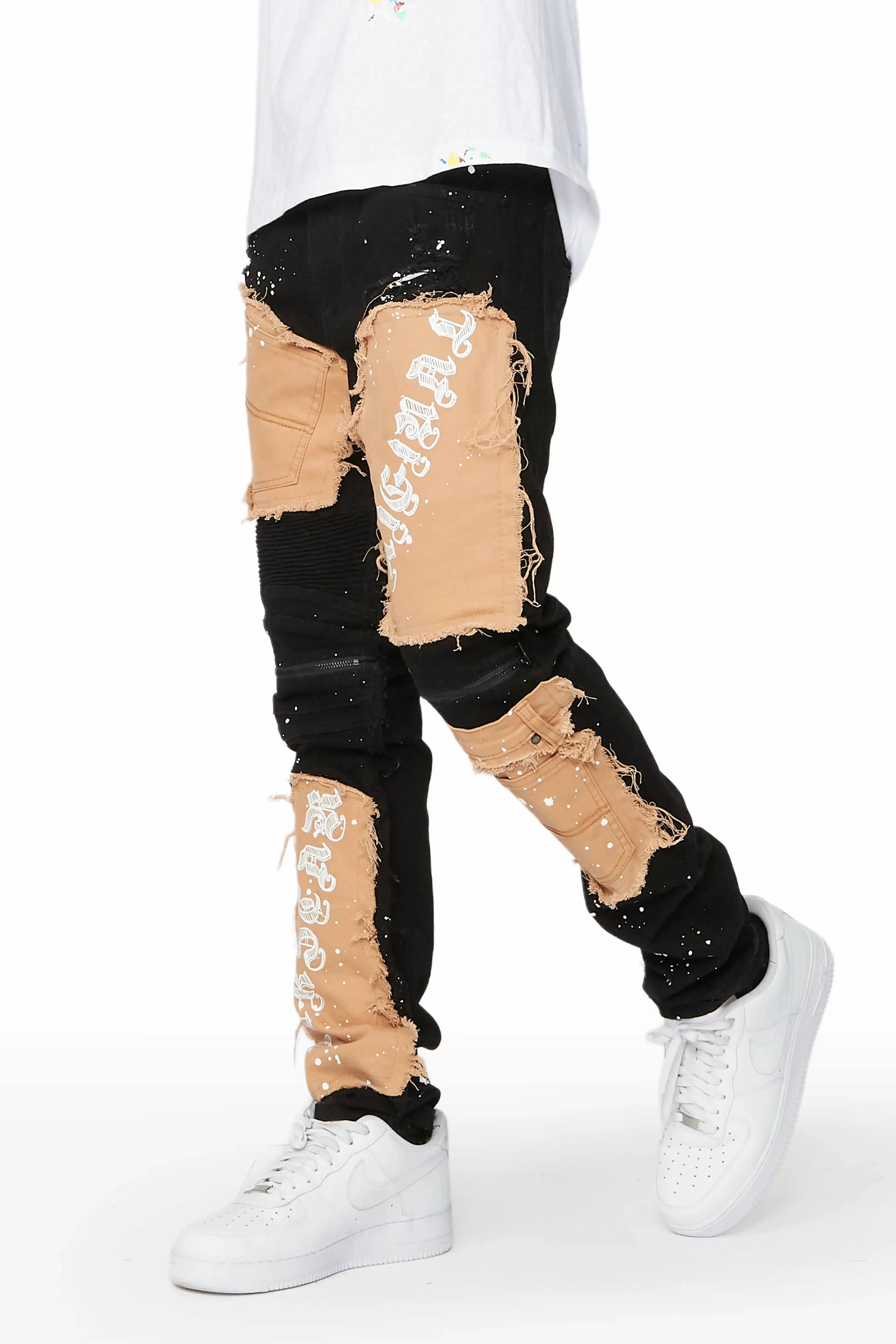 Cosmo Black/Beige Patchwork Biker Jean sold by Rockstar Original