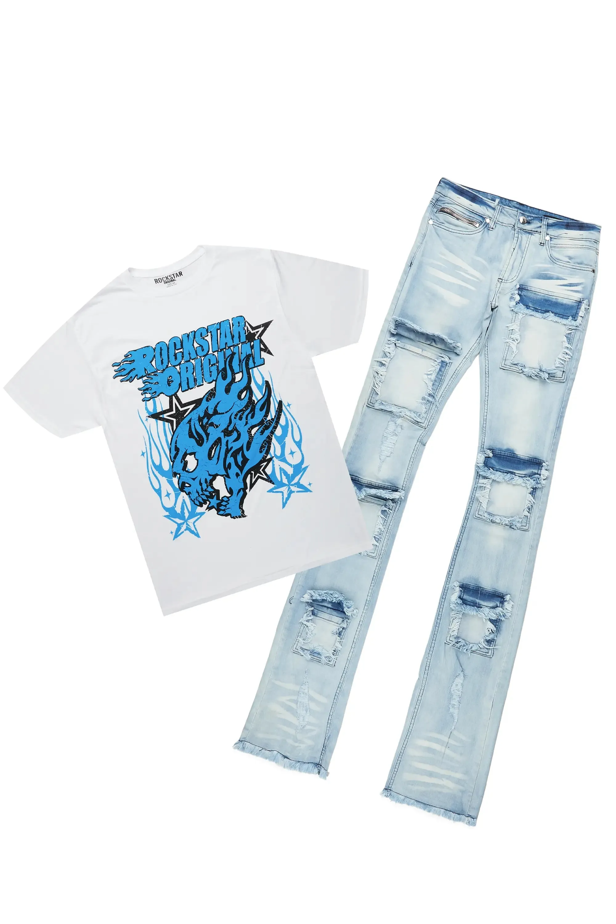 Smitty White T-Shirt & Asle Blue Super Stacked Flare Jean Bundle sold by Rockstar Original