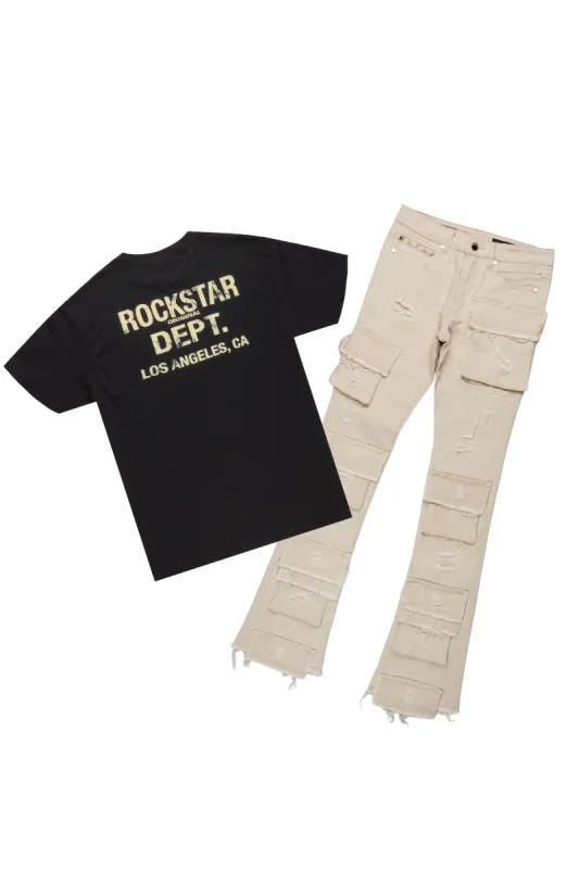 Lake Black T-Shirt & Zander Beige Stacked Flare Jean sold by Rockstar Original