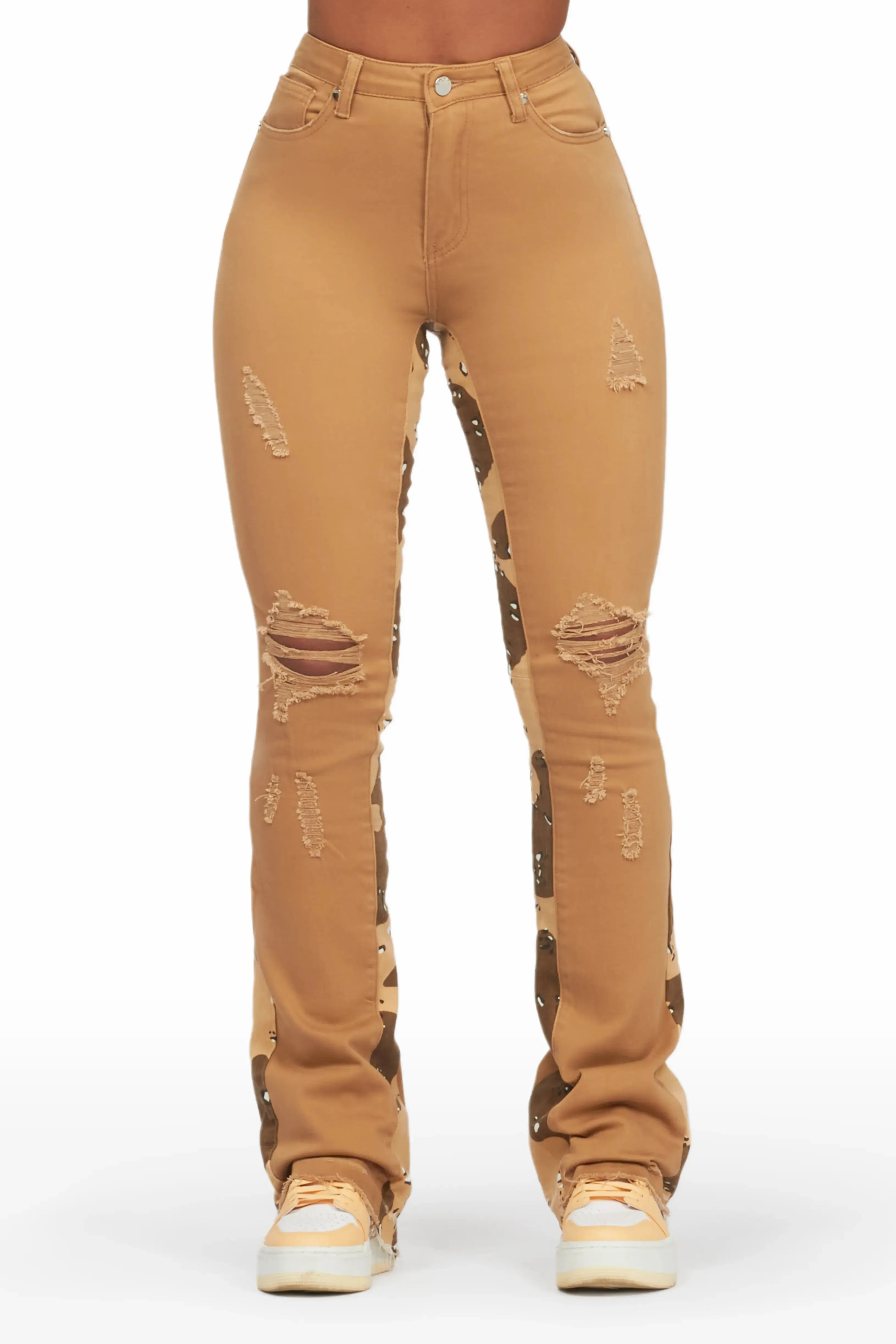 Khaleesy Tan/Camo Stacked Flare Jean sold by Rockstar Original