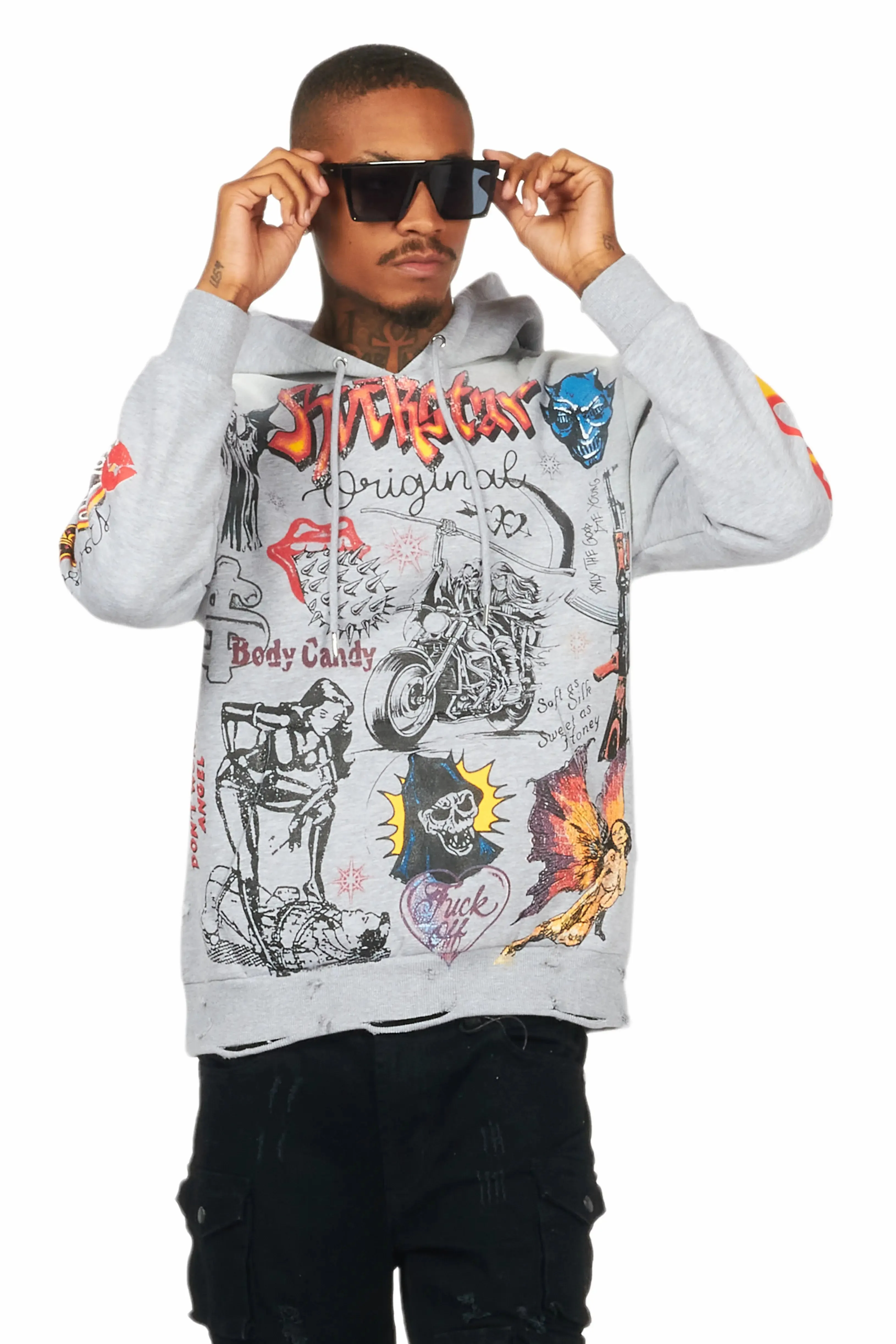 Shoota Heather Grey Distressed Graphic Hoodie sold by Rockstar Original product image thumbnail 3