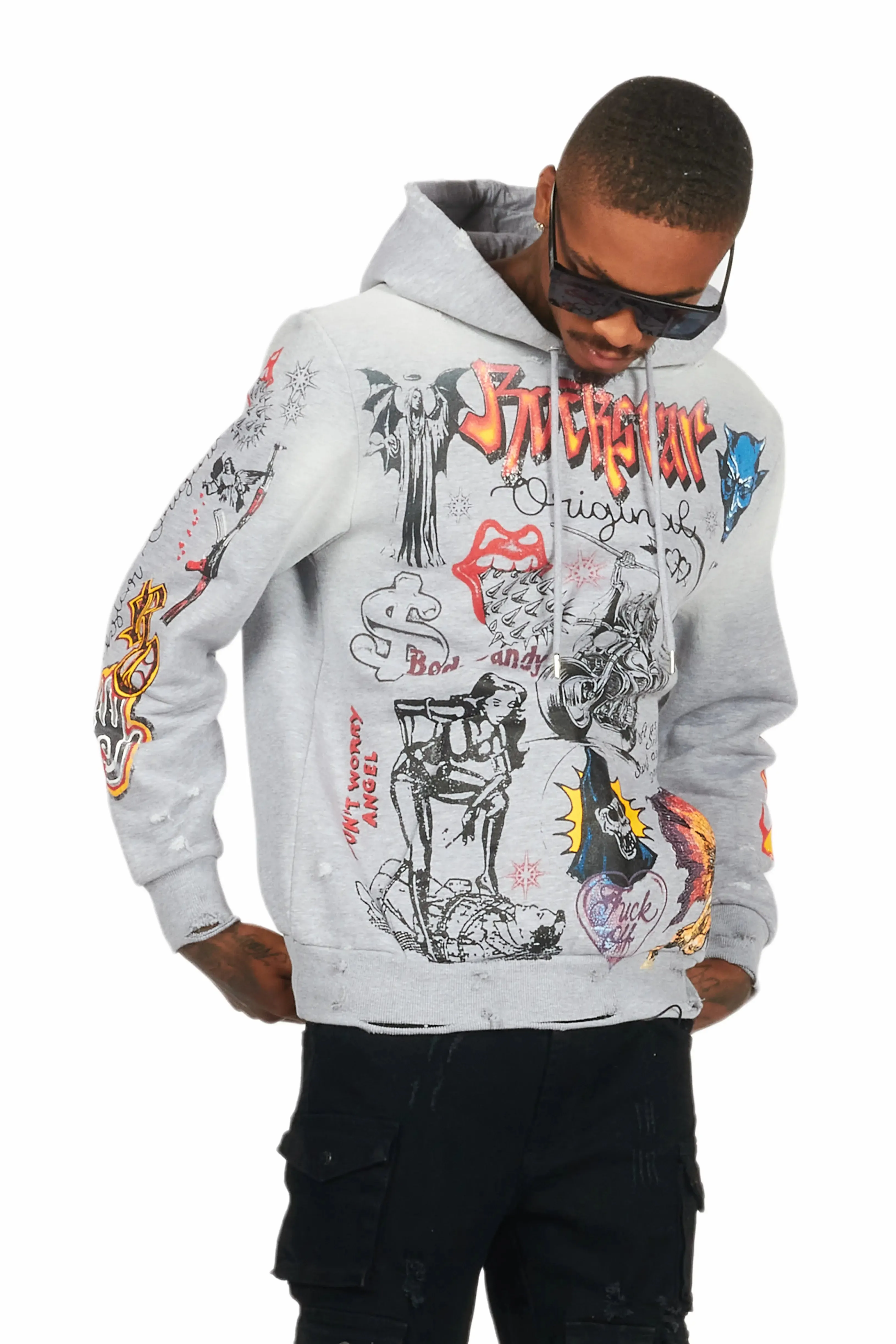 Shoota Heather Grey Distressed Graphic Hoodie sold by Rockstar Original product image thumbnail 4