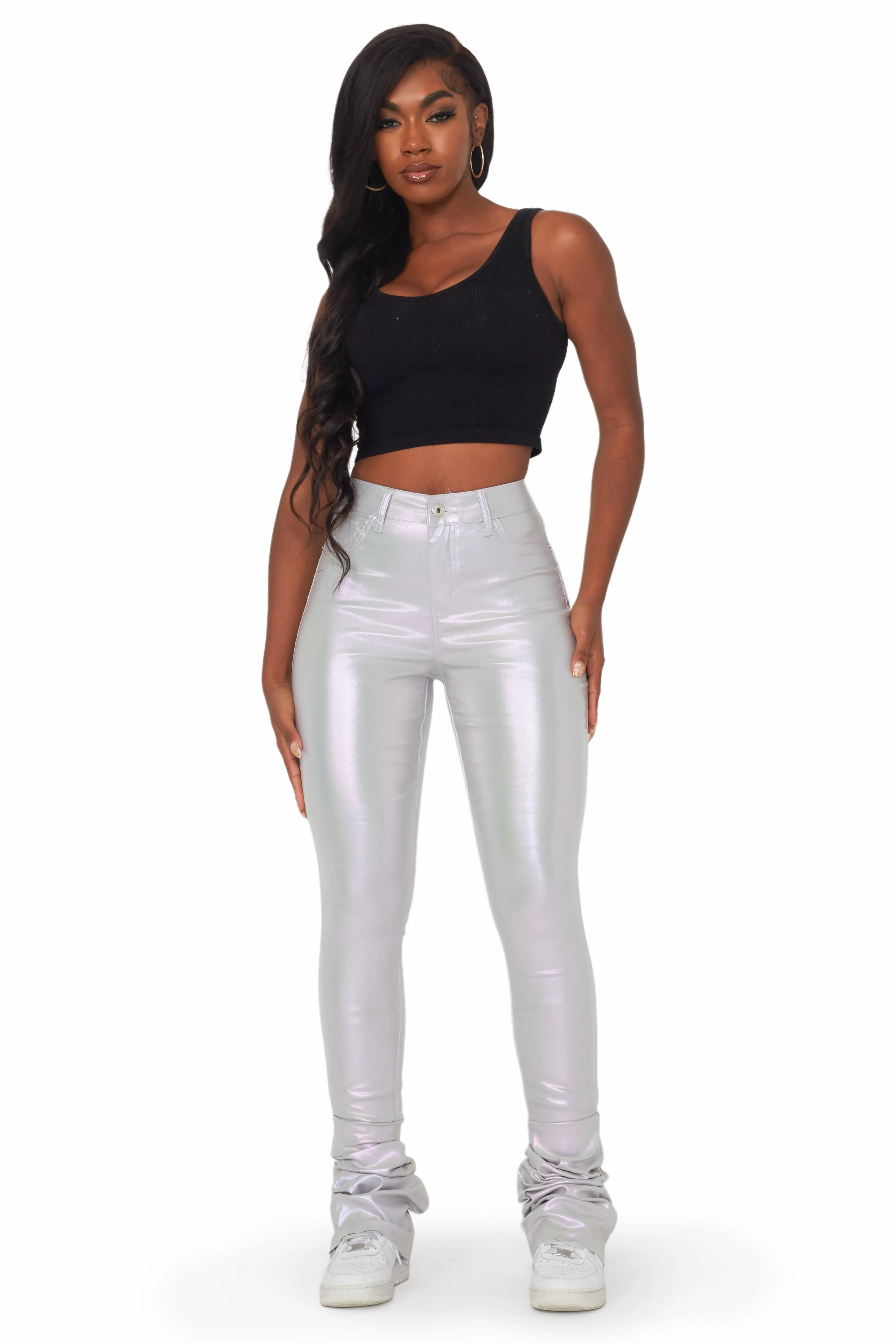 Zaniyah Metallic Silver PU Super Stacked Pant sold by Rockstar Original product image thumbnail 2