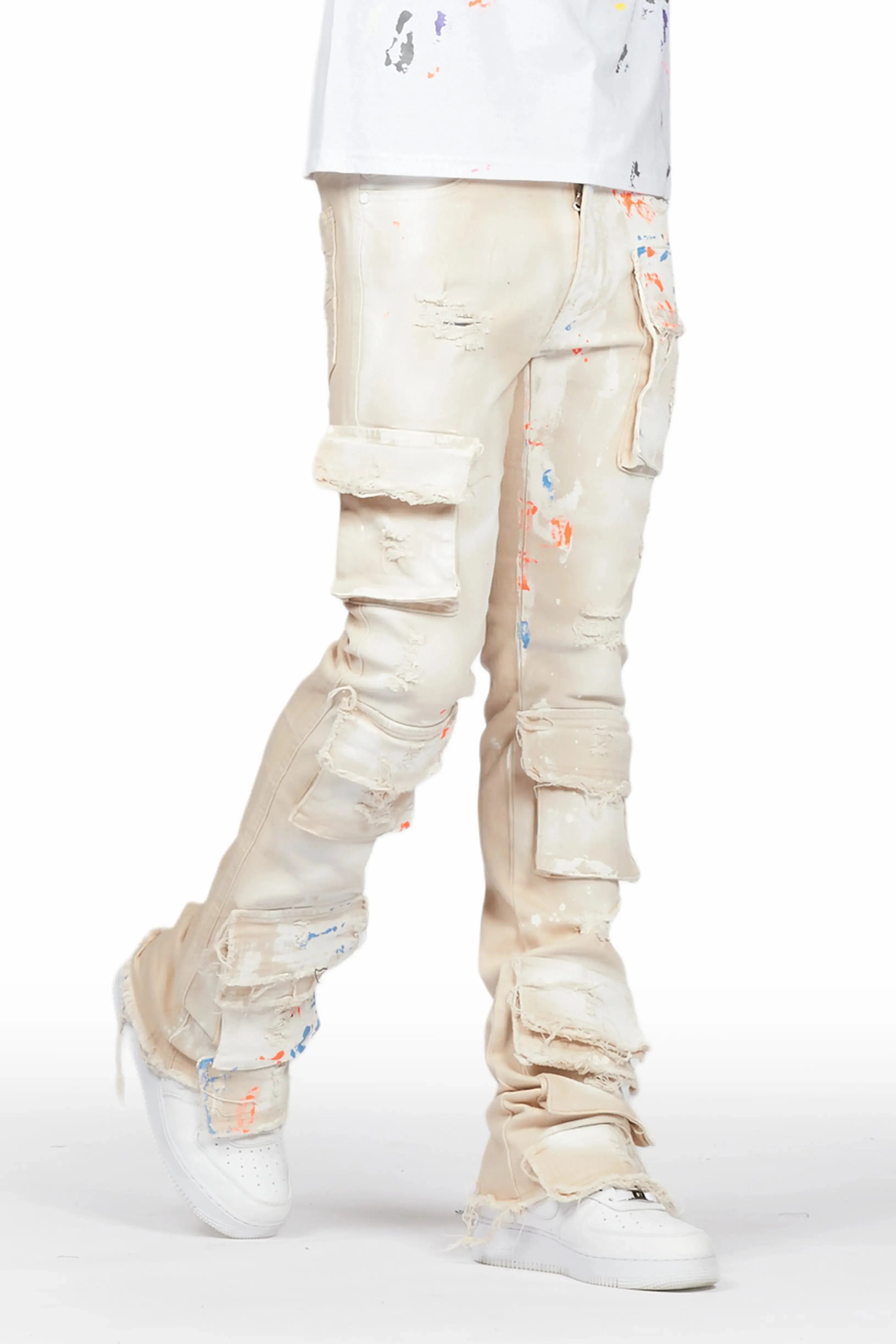 Parees Beige Painter Stacked Flare Jean sold by Rockstar Original