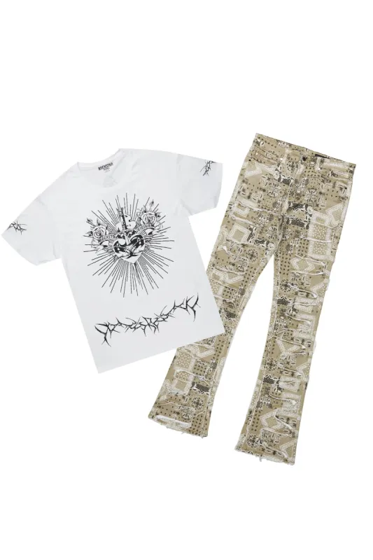 Leander White T-Shirt & Axton Beige Stacked Flare Jean Bundle sold by Rockstar Original
