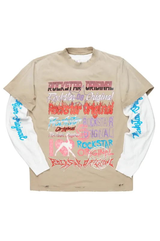 Floridabolous Beige/White Double Layer Long Sleeve Graphic T-Shirt made by Rockstar Original