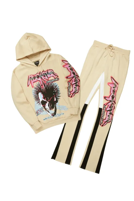 Obern Beige/Black Graphic Hoodie/Stacked Flare Pant Track Set sold by Rockstar Original