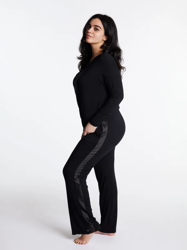 Tuxedo striped Long-Sleeve V-neck & Pants bamboo sleepwear, w lightly padded bra-like support (Midnight) sold by Midnighties