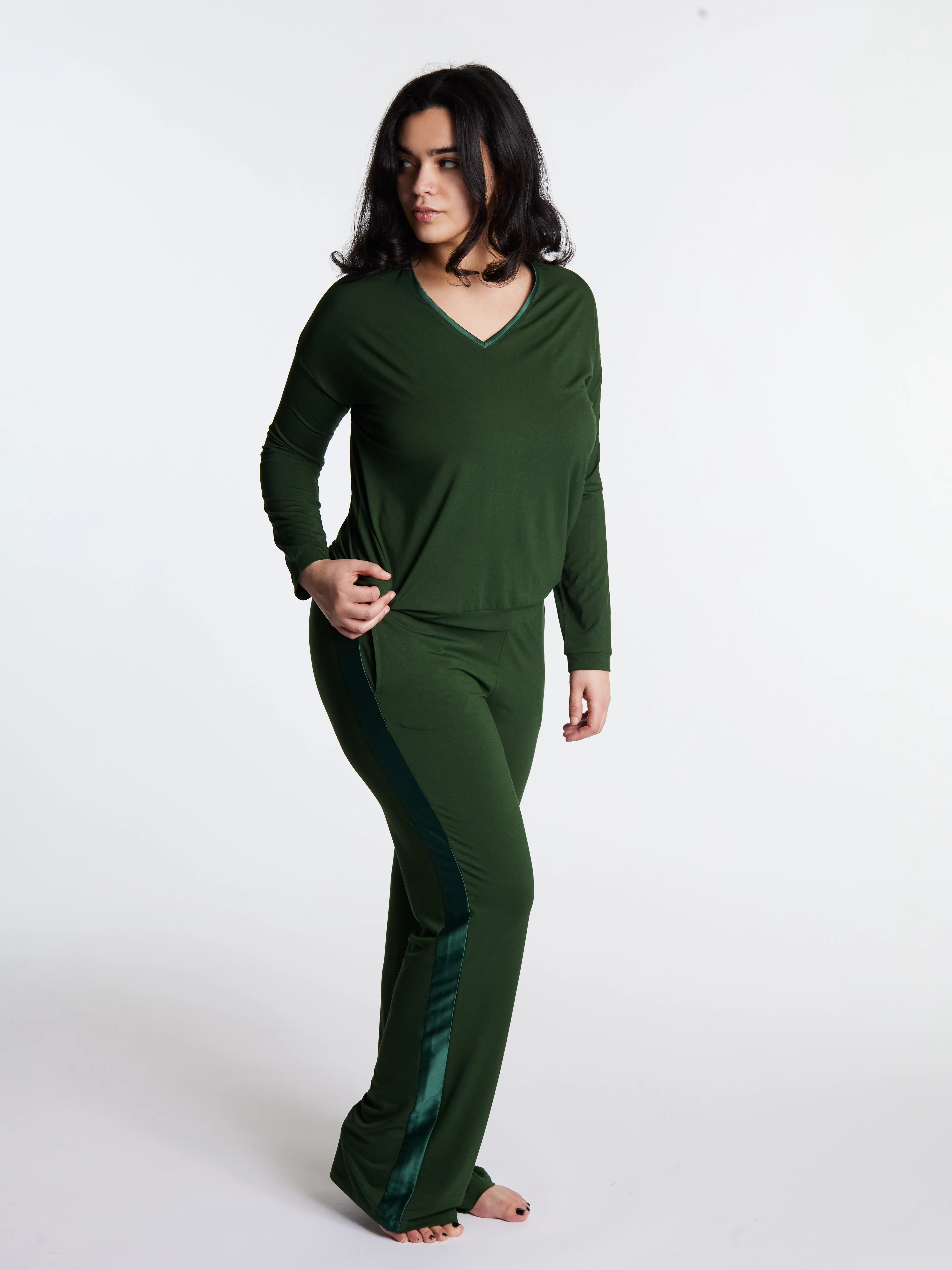 Tuxedo striped Long-Sleeve V-neck & Pants bamboo sleepwear, w lightly padded bra-like support (Forest Whisper) sold by Midnighties product image thumbnail 5