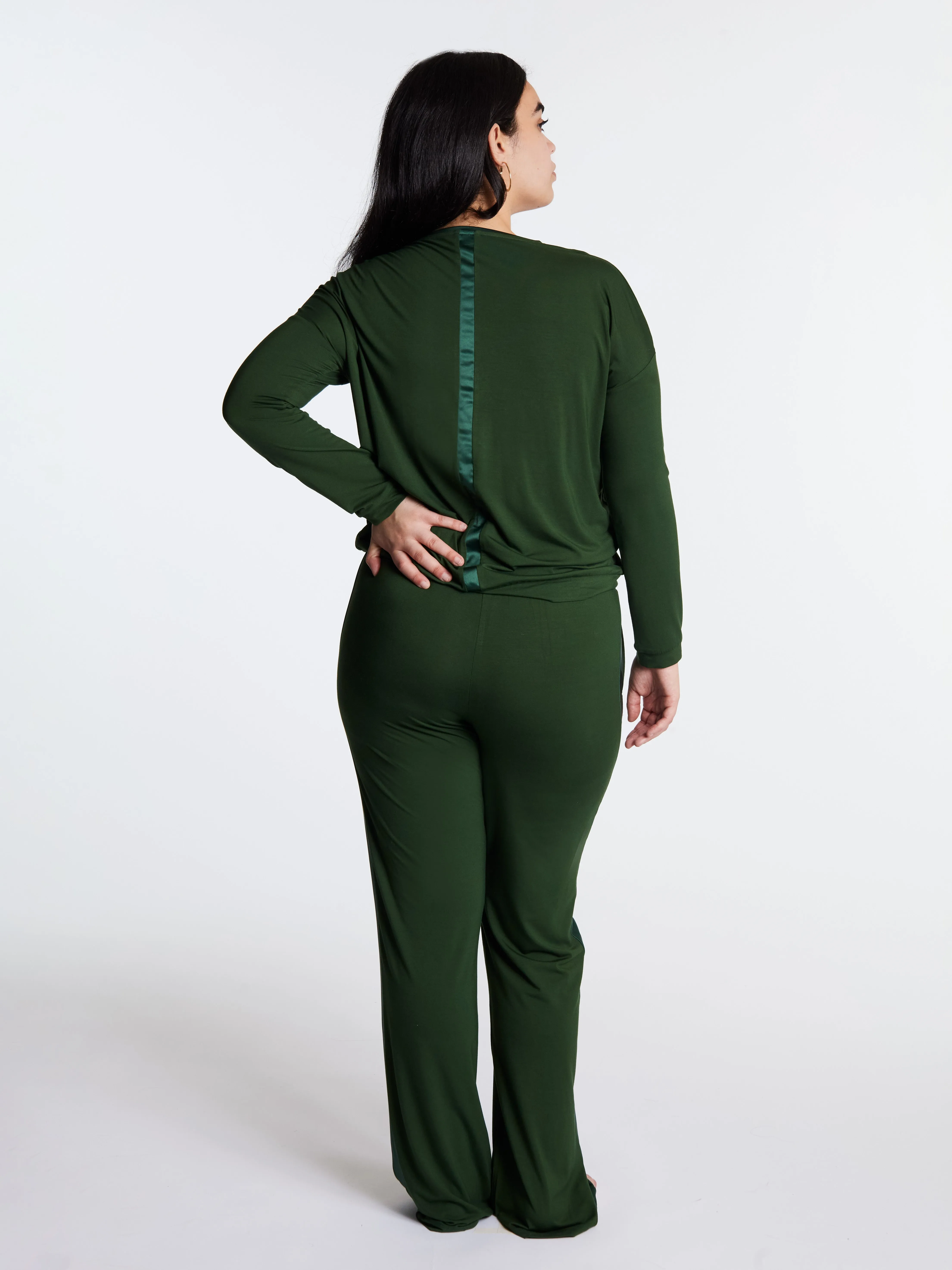 Tuxedo striped Long-Sleeve V-neck & Pants bamboo sleepwear, w lightly padded bra-like support (Forest Whisper) sold by Midnighties product image thumbnail 2