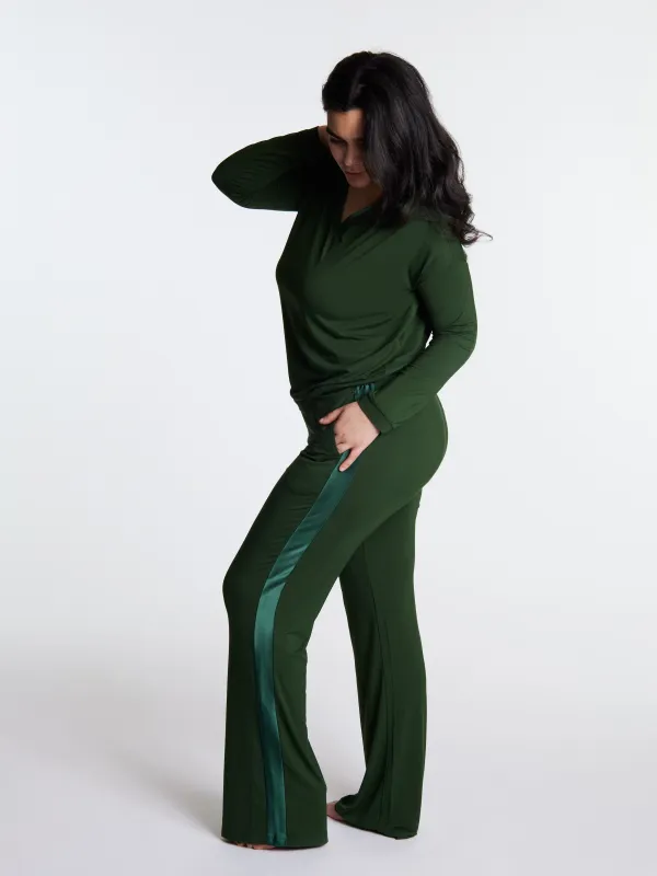 Tuxedo striped Long-Sleeve V-neck & Pants bamboo sleepwear, w lightly padded bra-like support (Forest Whisper) sold by Midnighties