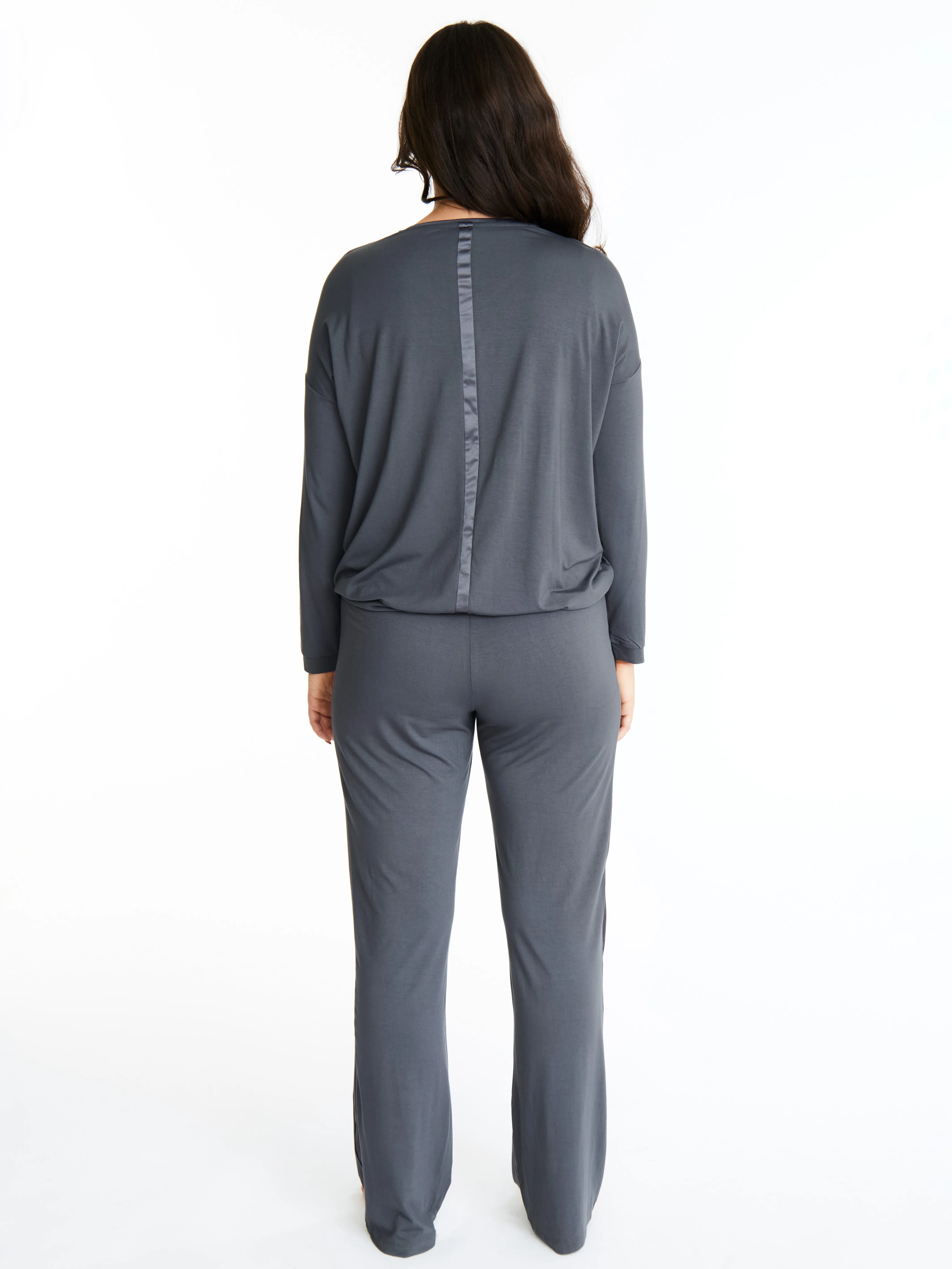 Tuxedo striped Long-Sleeve V-neck & Pants bamboo sleepwear, w lightly padded bra-like support (Moonshadow) sold by Midnighties product image thumbnail 5