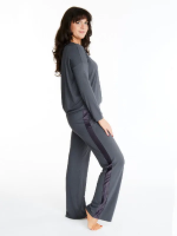 Tuxedo striped Long-Sleeve V-neck & Pants bamboo sleepwear, w lightly padded bra-like support (Moonshadow) sold by Midnighties
