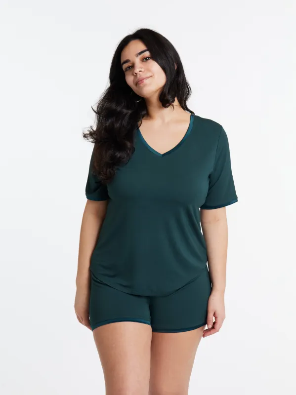V-neck T with lightly padded, bra-like support & matching Muffin-free shorts in luxuriously soft, breathable bamboo (Dusky Jade) sold by Midnighties