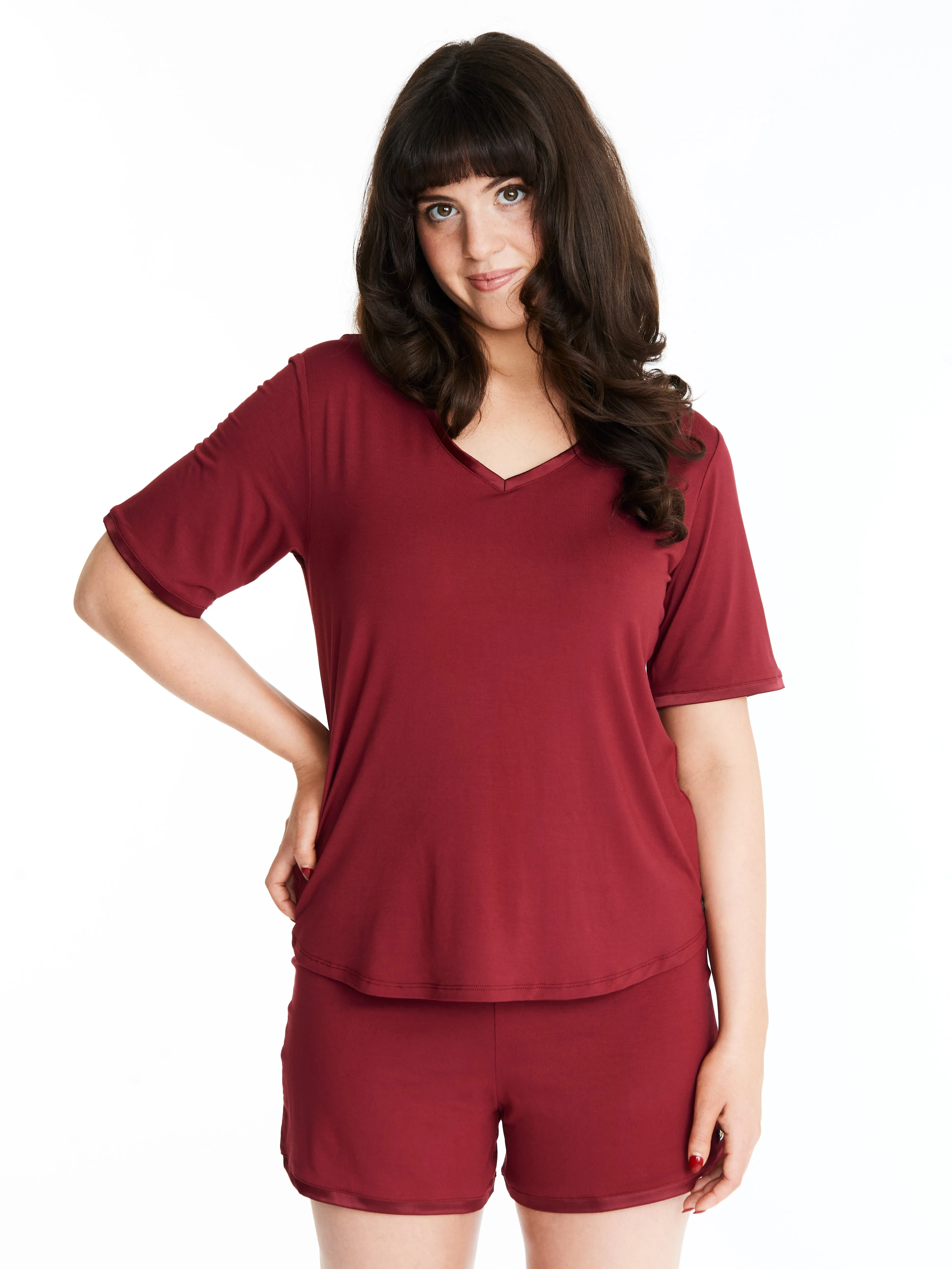 V-neck T with lightly padded, bra-like support & matching Muffin-free shorts in luxuriously soft, breathable bamboo (Rouge Noir) sold by Midnighties product image thumbnail 2