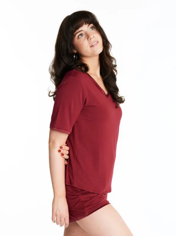 V-neck T with lightly padded, bra-like support & matching Muffin-free shorts in luxuriously soft, breathable bamboo (Rouge Noir) sold by Midnighties