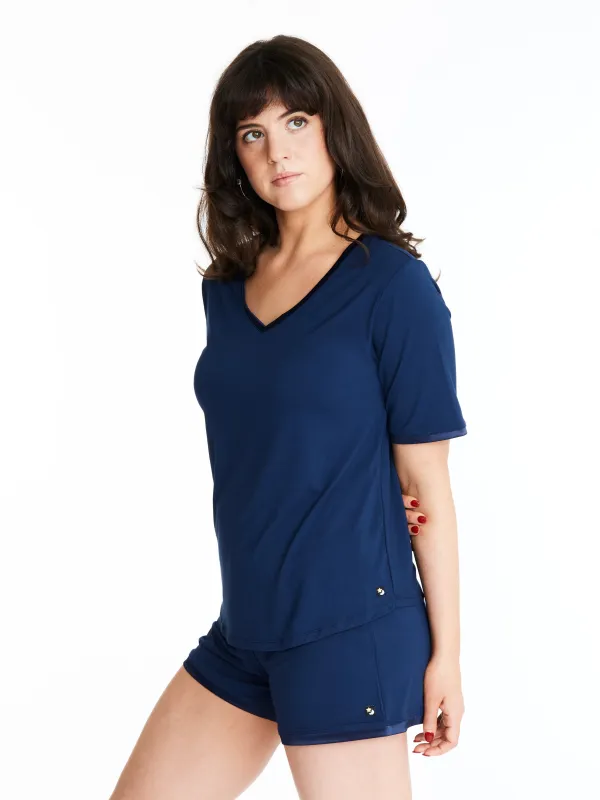 V-neck T with lightly padded, bra-like support & matching Muffin-free shorts in luxuriously soft, breathable bamboo (Night Sky) sold by Midnighties