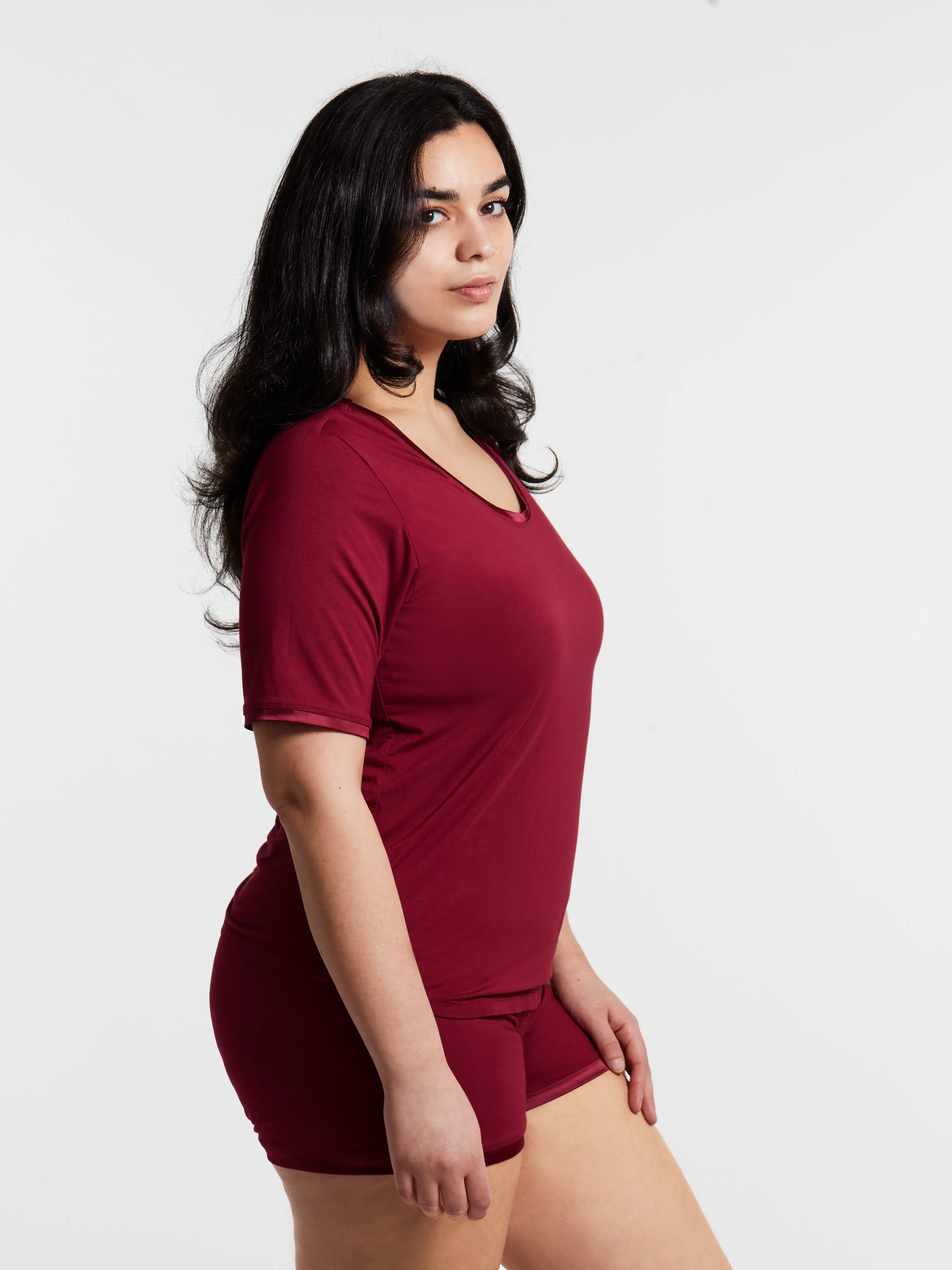 Scoop-neck T with lightly padded, bra-like support & matching Muffin-free shorts in luxuriously soft, breathable bamboo (Rouge Noir) sold by Midnighties product image thumbnail 4