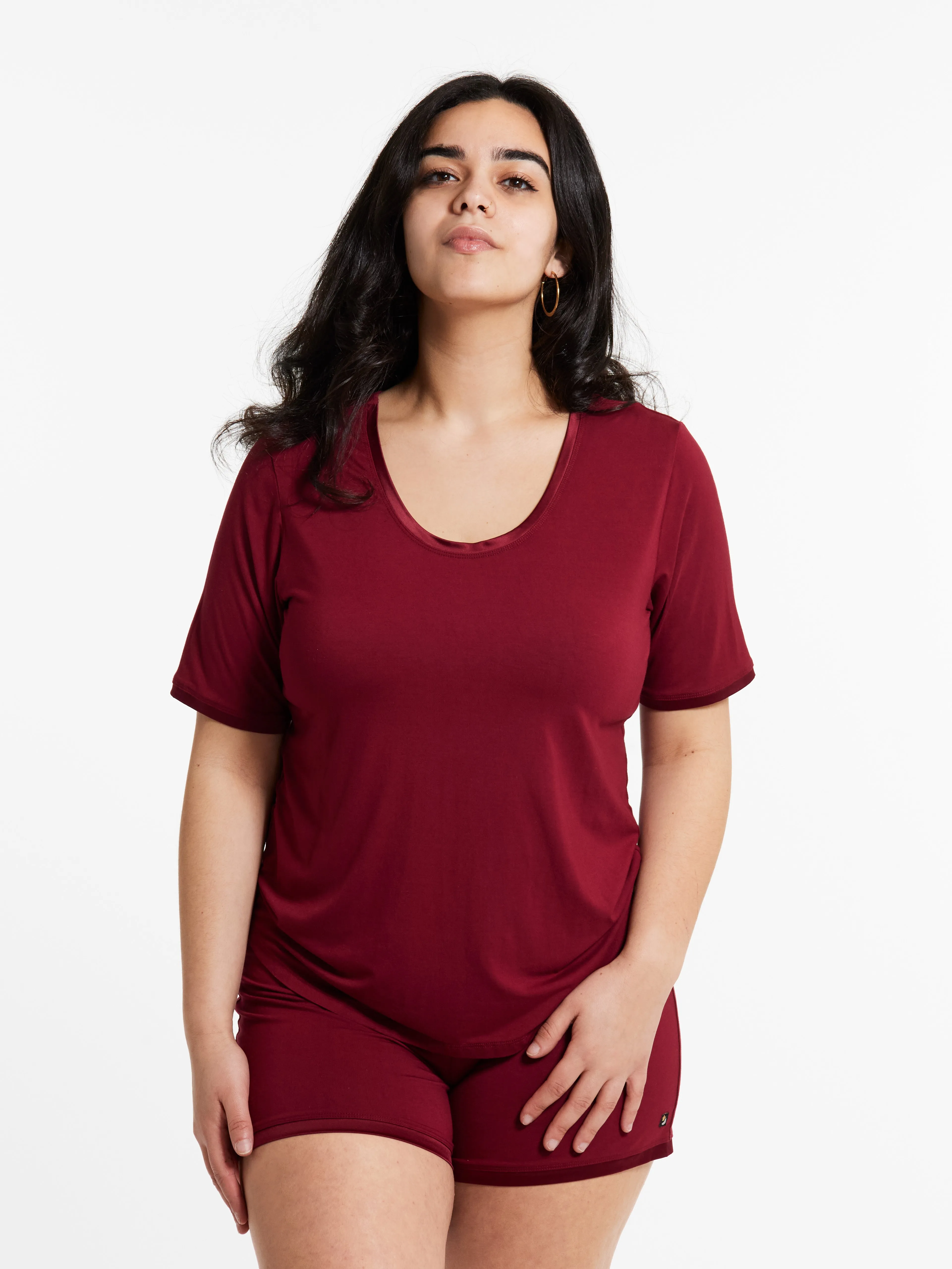 Scoop-neck T with lightly padded, bra-like support & matching Muffin-free shorts in luxuriously soft, breathable bamboo (Rouge Noir) sold by Midnighties