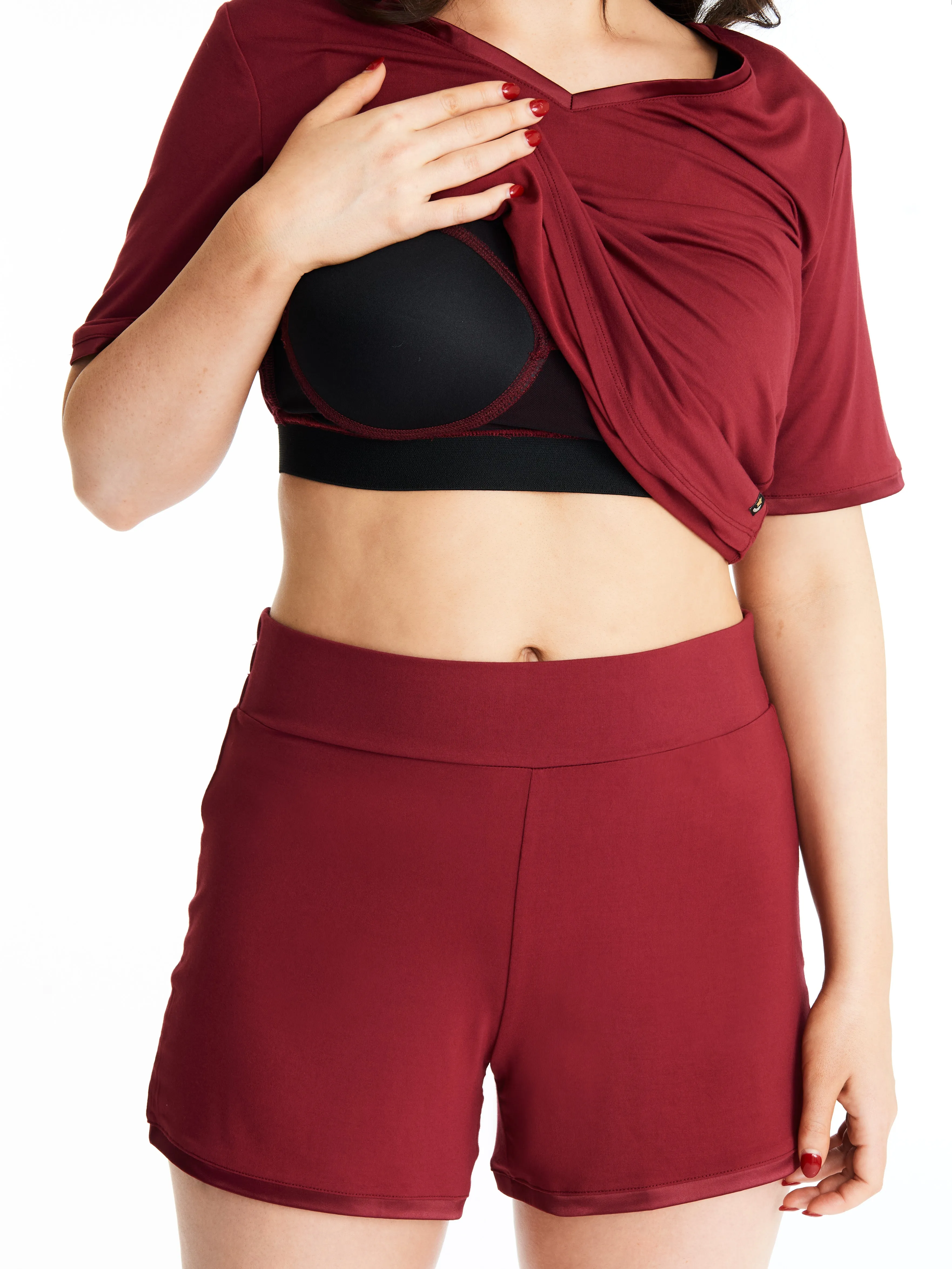 Scoop-neck T with lightly padded, bra-like support & matching Muffin-free shorts in luxuriously soft, breathable bamboo (Rouge Noir) sold by Midnighties product image thumbnail 5