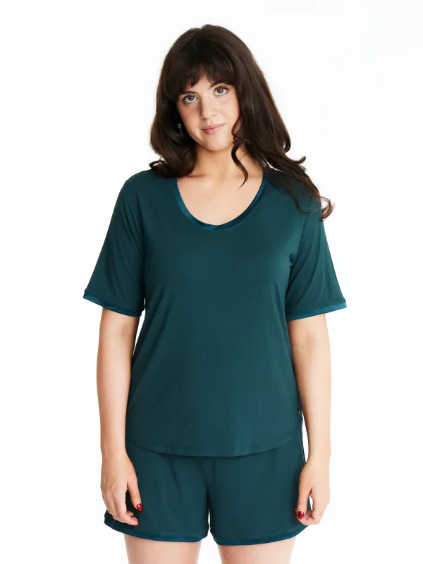 Scoop-neck T with lightly padded, bra-like support & matching Muffin-free shorts in luxuriously soft, breathable bamboo (Dusky Jade) sold by Midnighties