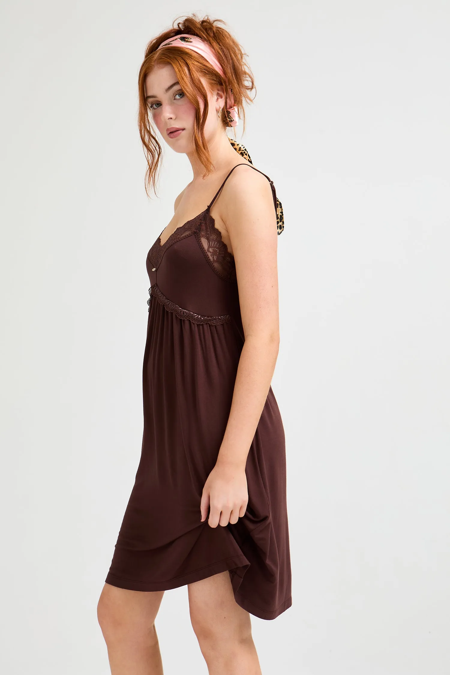 Bamboo Lace Chemise Nightdress in Chocolate sold by Pretty You London product image thumbnail 4