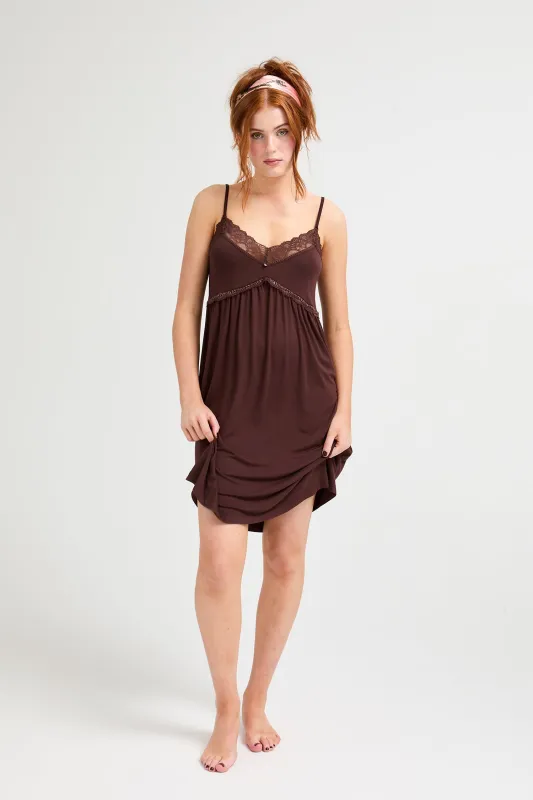 Bamboo Lace Chemise Nightdress in Chocolate sold by Pretty You London