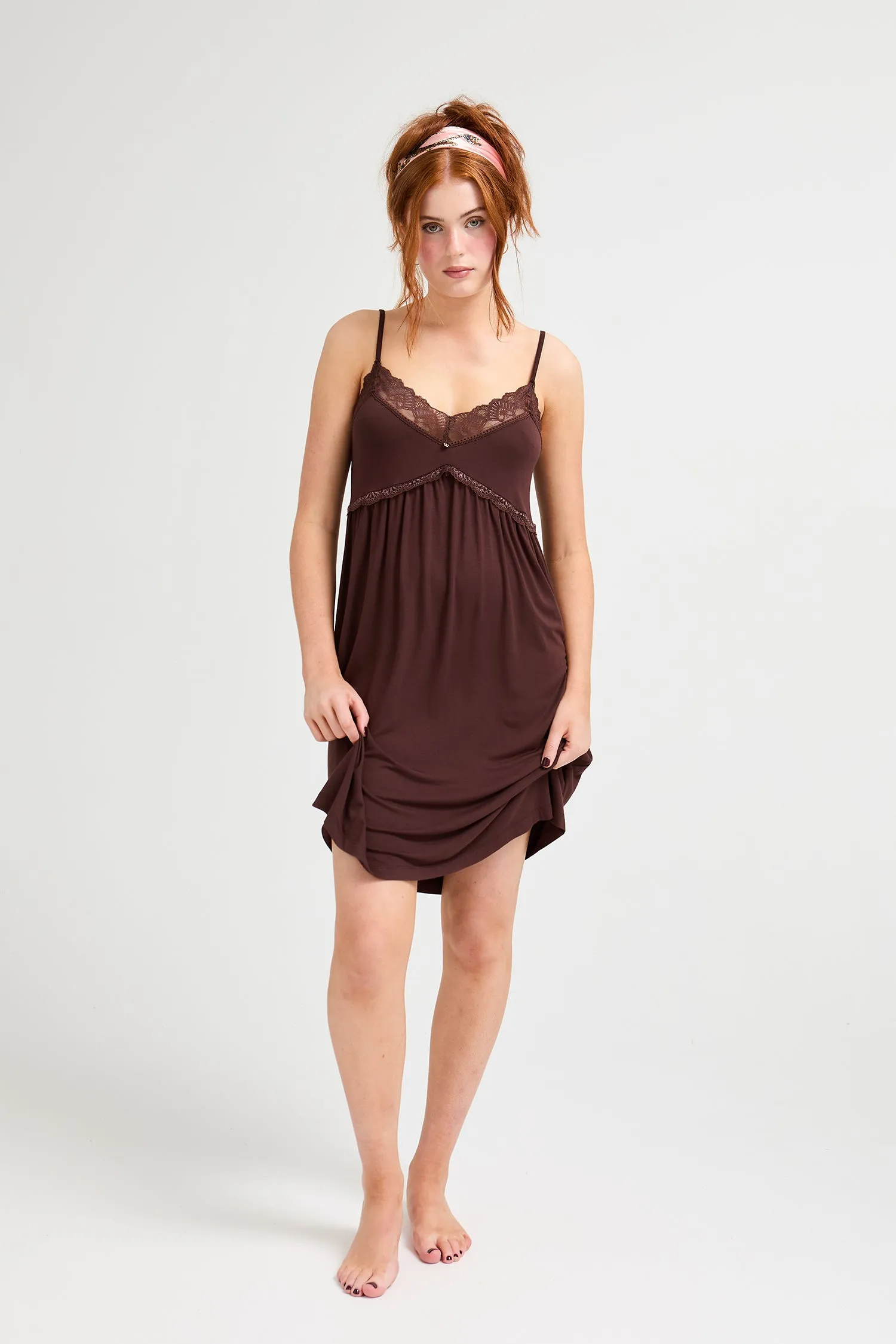 Bamboo Lace Chemise Nightdress in Chocolate sold by Pretty You London
