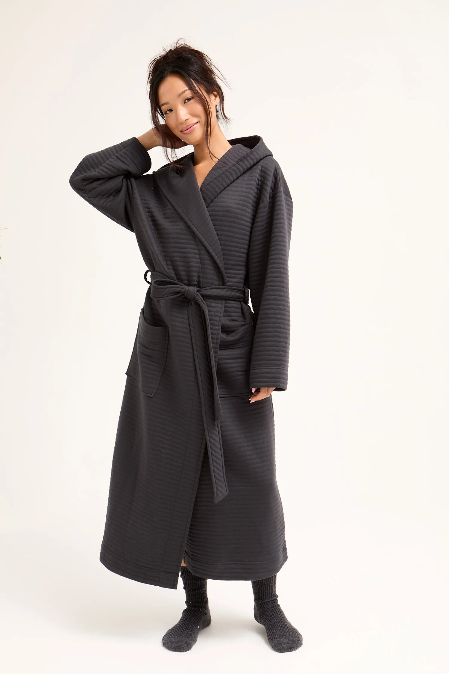 Quilted Jersey Hooded Robe in Charcoal sold by Pretty You London product image thumbnail 4