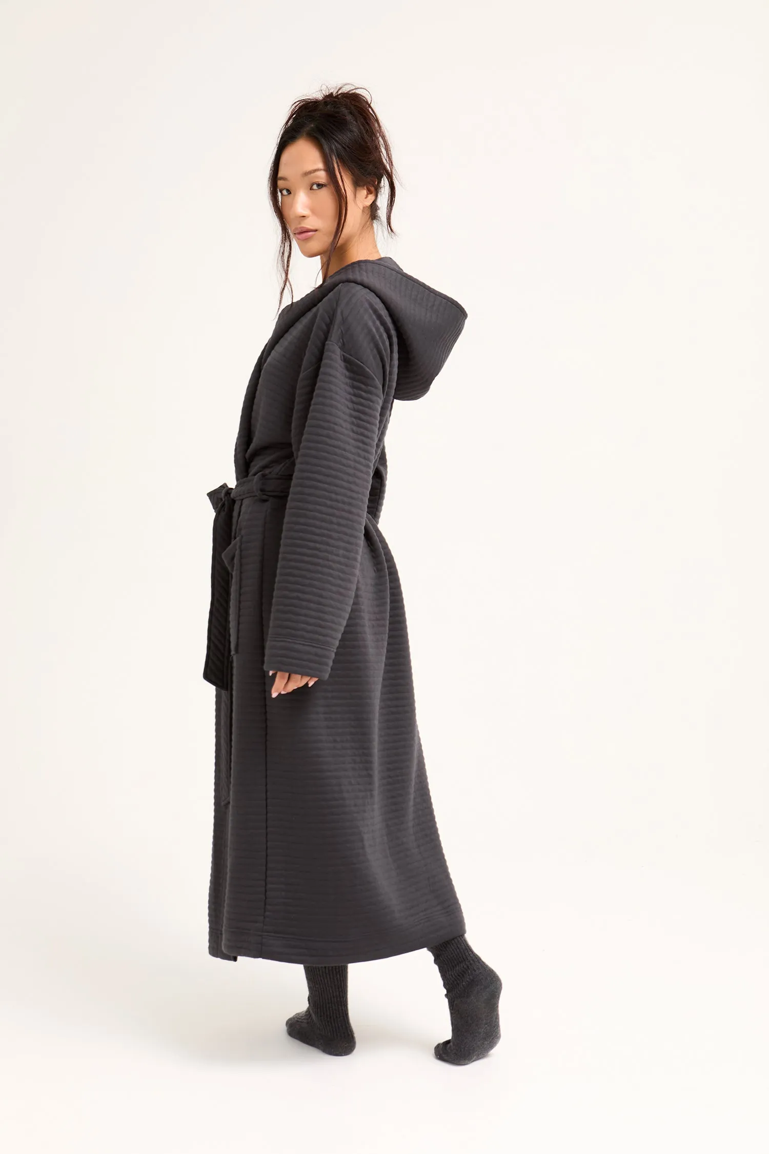 Quilted Jersey Hooded Robe in Charcoal sold by Pretty You London product image thumbnail 3