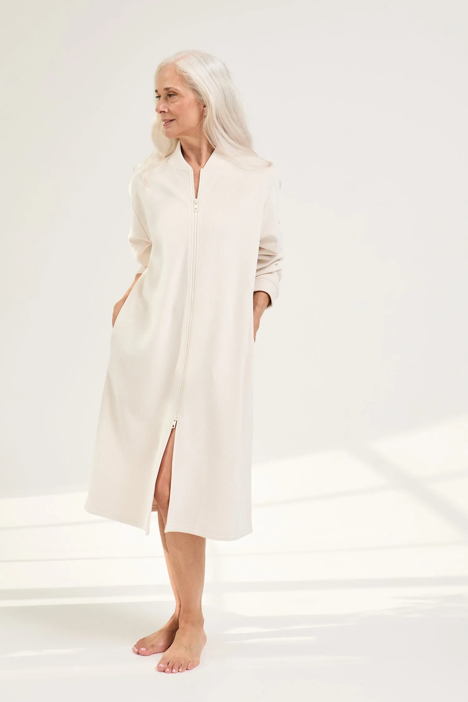 Ribbed Zip Front Housecoat in Cream sold by Pretty You London product image thumbnail 3