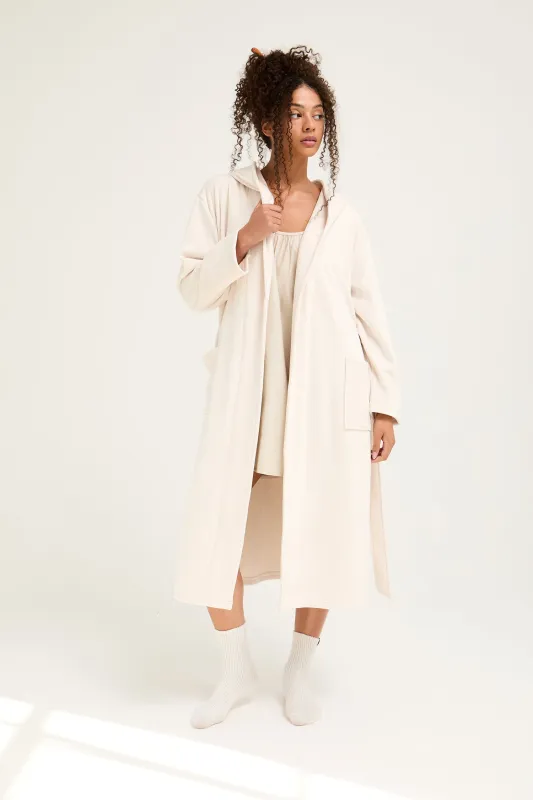 Ribbed Hooded Robe in Cream sold by Pretty You London