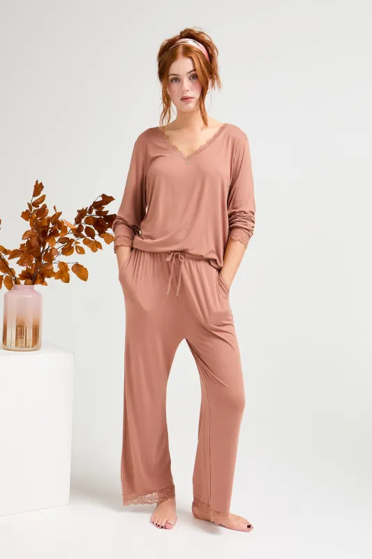Bamboo Lace V-Neck Pyjama Set in Mocha sold by Pretty You London