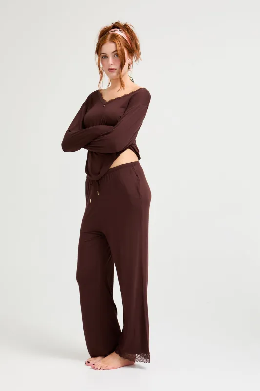 Bamboo Lace V-Neck Pyjama Set in Chocolate sold by Pretty You London