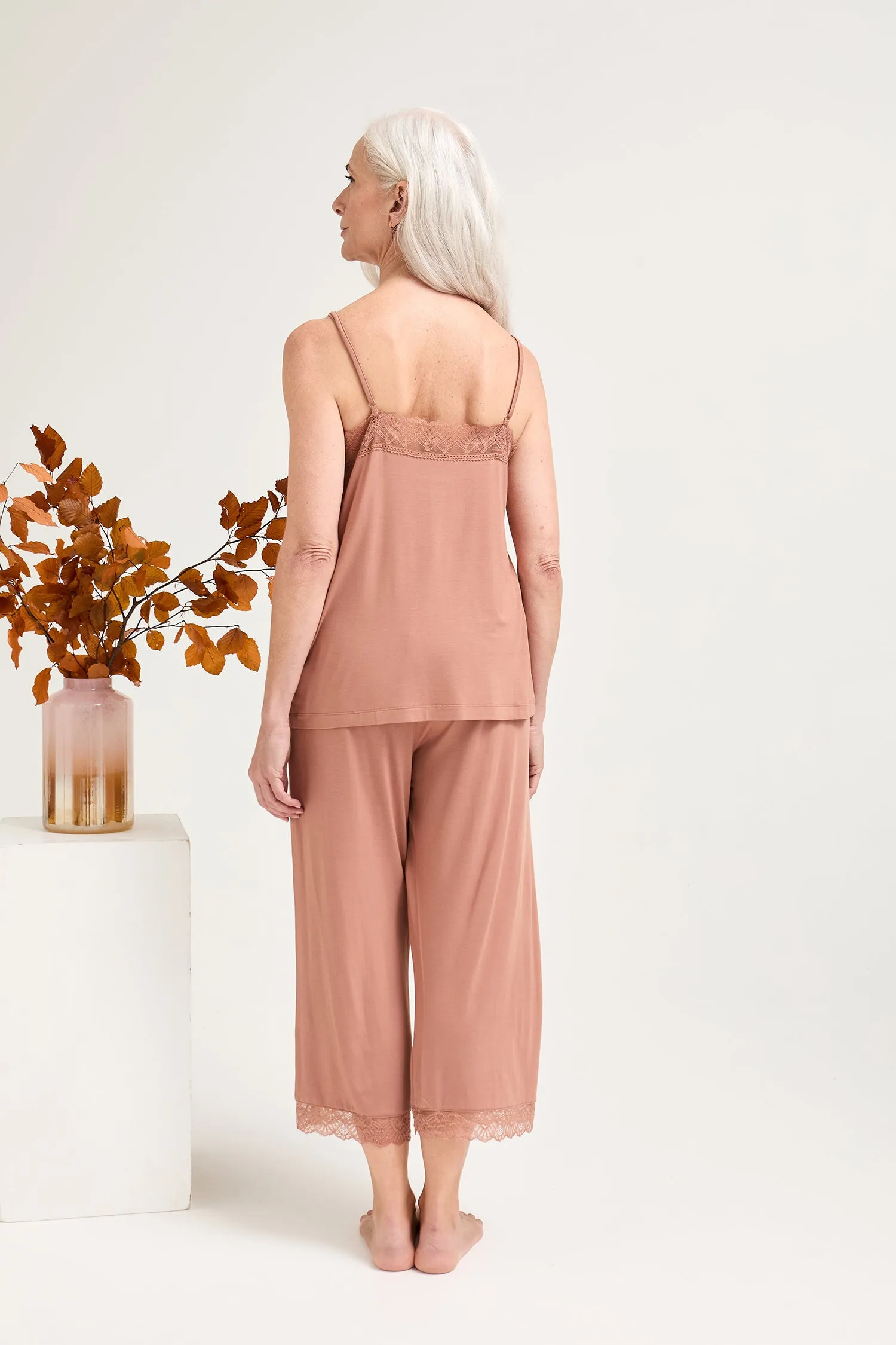 Bamboo Lace Cami Cropped Trouser Pyjama Set in Mocha sold by Pretty You London product image thumbnail 3