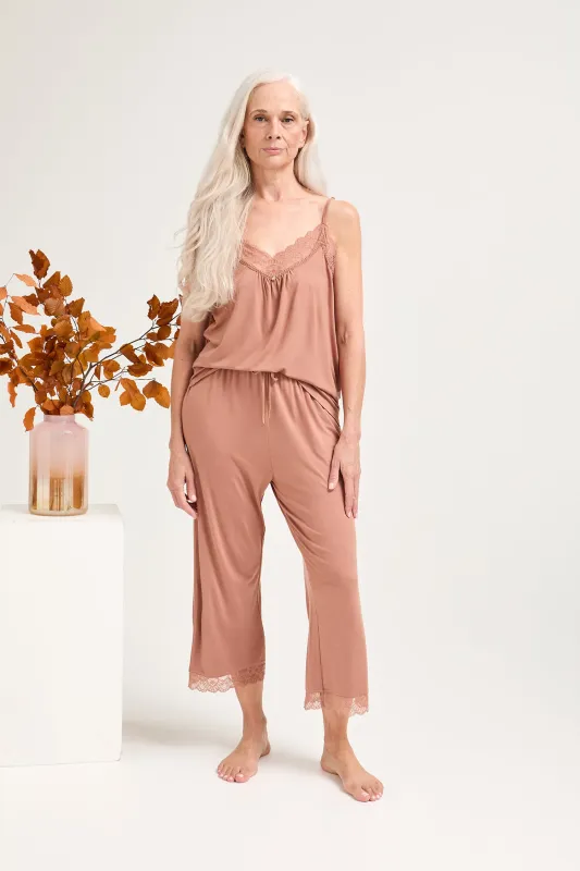 Bamboo Lace Cami Cropped Trouser Pyjama Set in Mocha sold by Pretty You London