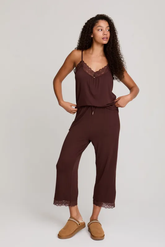 Bamboo Lace Cami Cropped Trouser Pyjama Set in Chocolate sold by Pretty You London