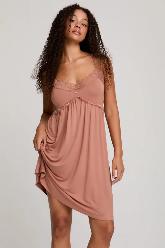 Bamboo Lace Chemise Nightdress in Mocha sold by Pretty You London