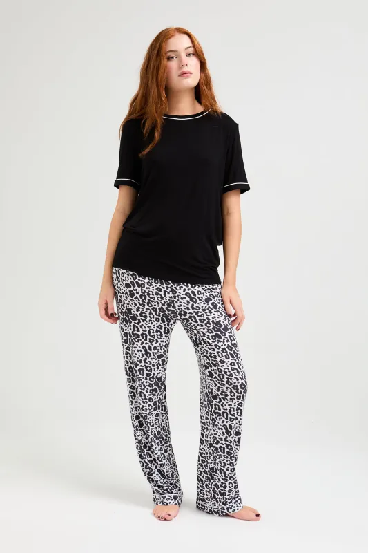 Bamboo Tee and Trouser Set in Black / Luxe Leopard sold by Pretty You London