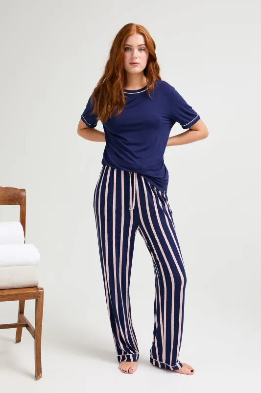 Bamboo Tee and Trouser Set in Midnight Stripe sold by Pretty You London