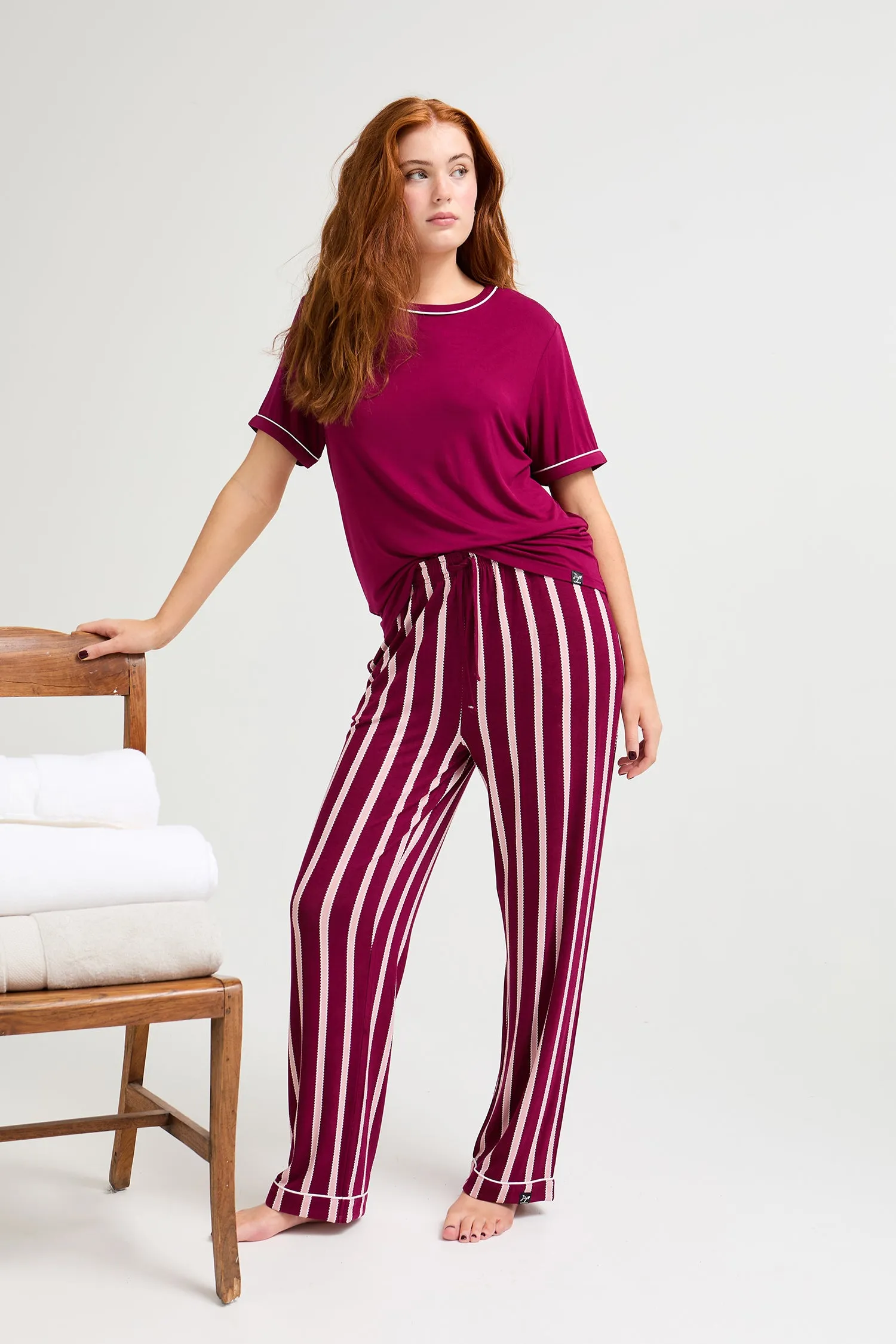 Bamboo Tee and Trouser Set in Bordeaux Stripe sold by Pretty You London product image thumbnail 4