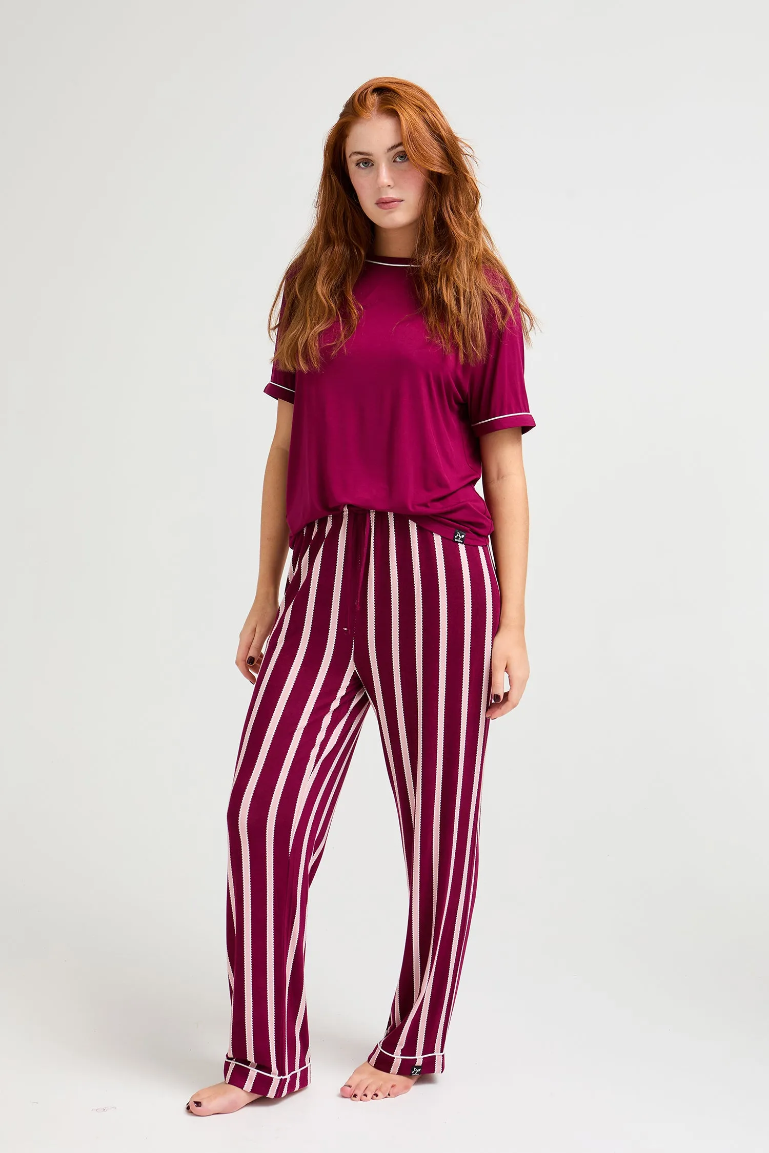 Bamboo Tee and Trouser Set in Bordeaux Stripe sold by Pretty You London